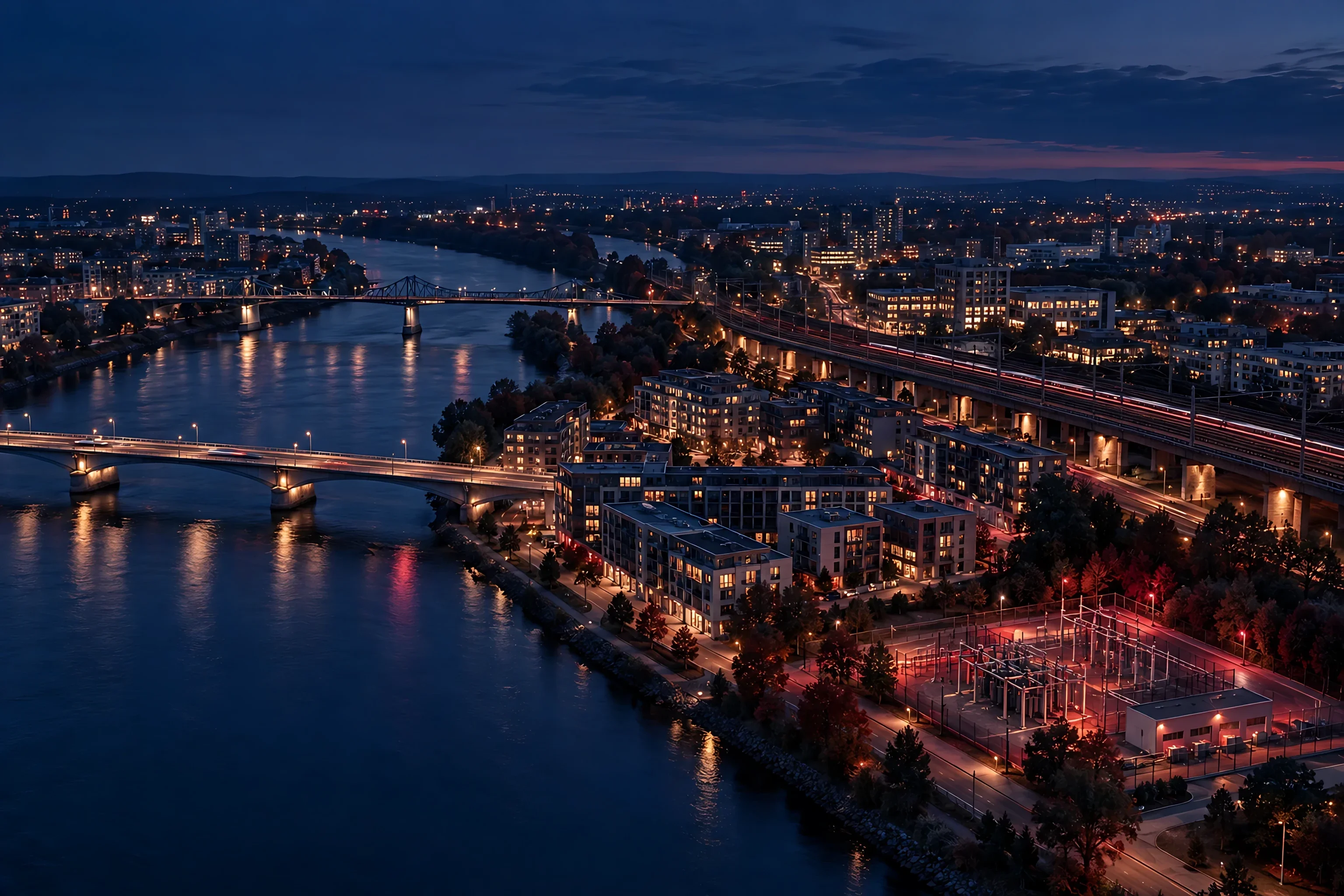 A riverside district at blue hour with bridges, a rail viaduct and a substation lit in maroon