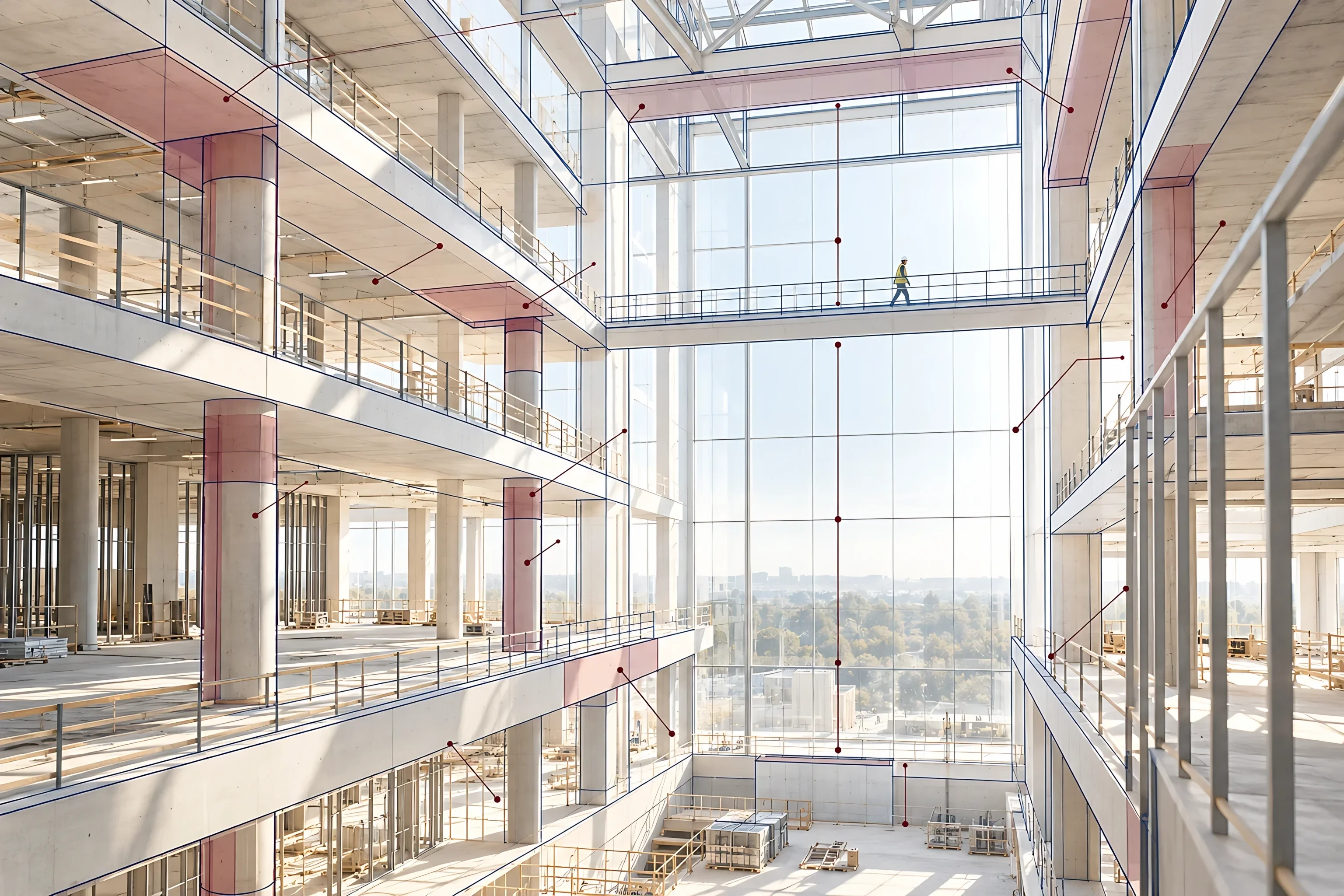 A tall atrium under construction with each floor level traced in blueprint lines