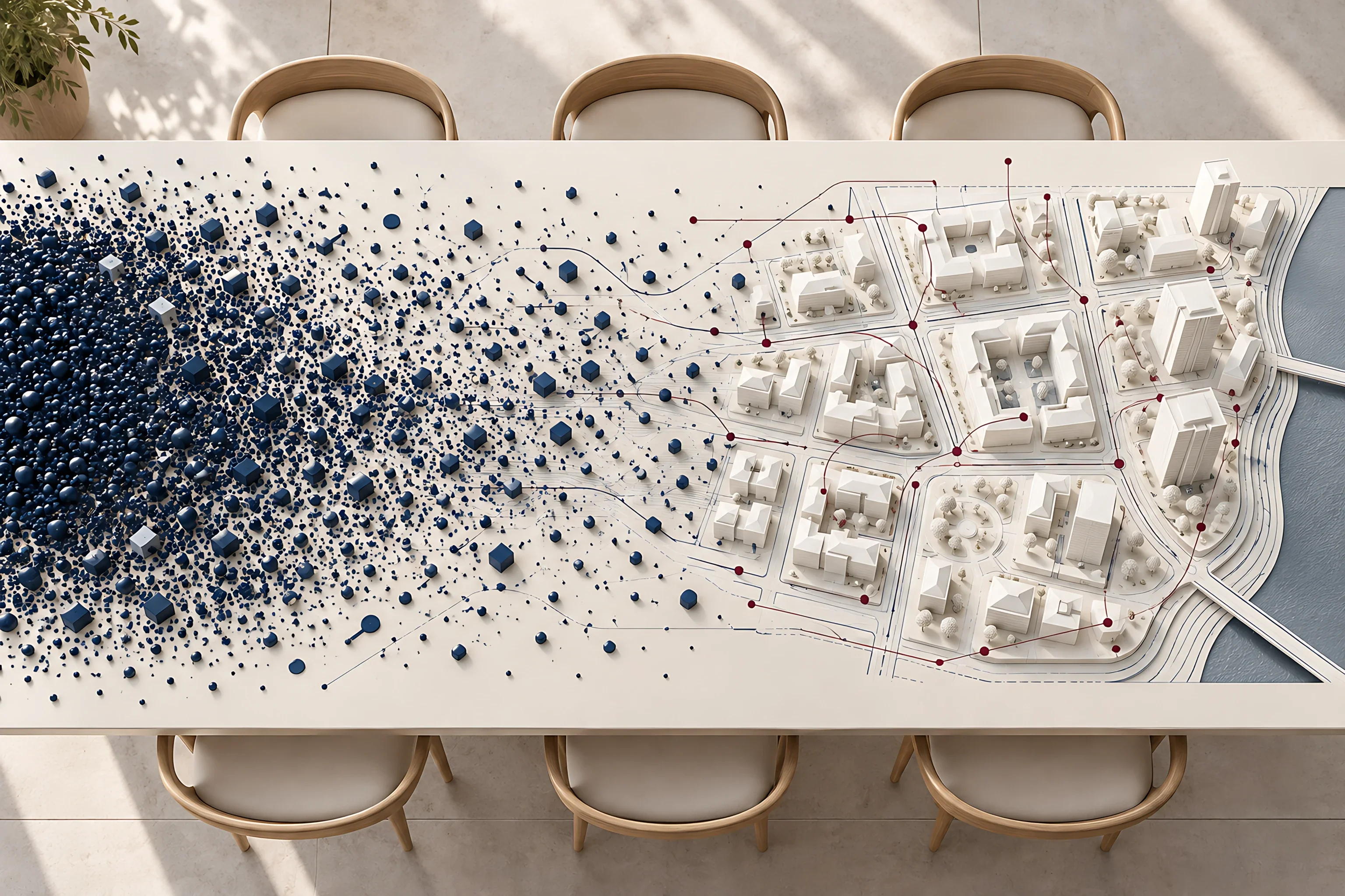 Seen from above, a scatter of navy dots on a table organises itself into a white model of a city district linked by maroon lines