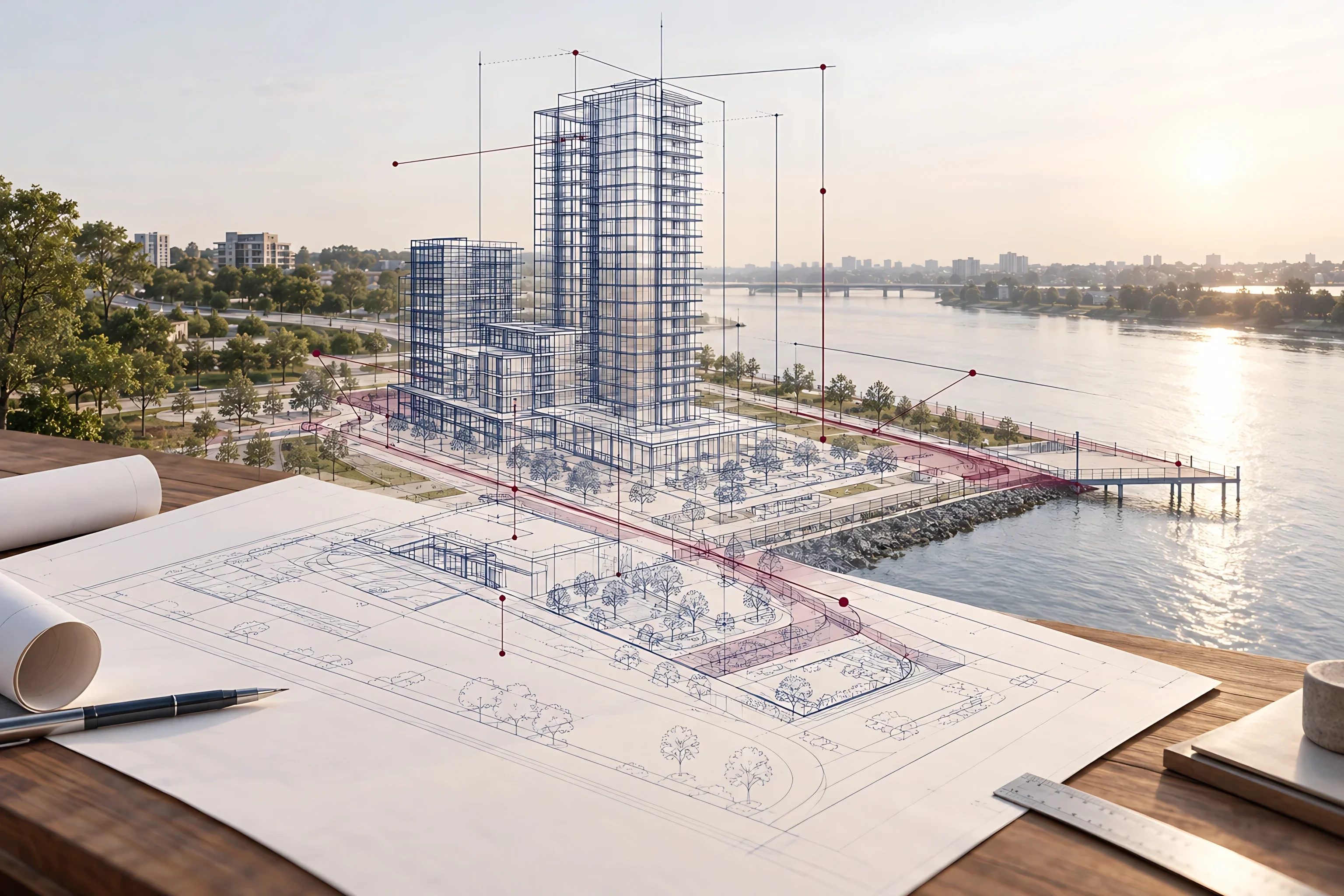 A site plan on a desk with a blueprint of a riverside tower rising from it into the real place