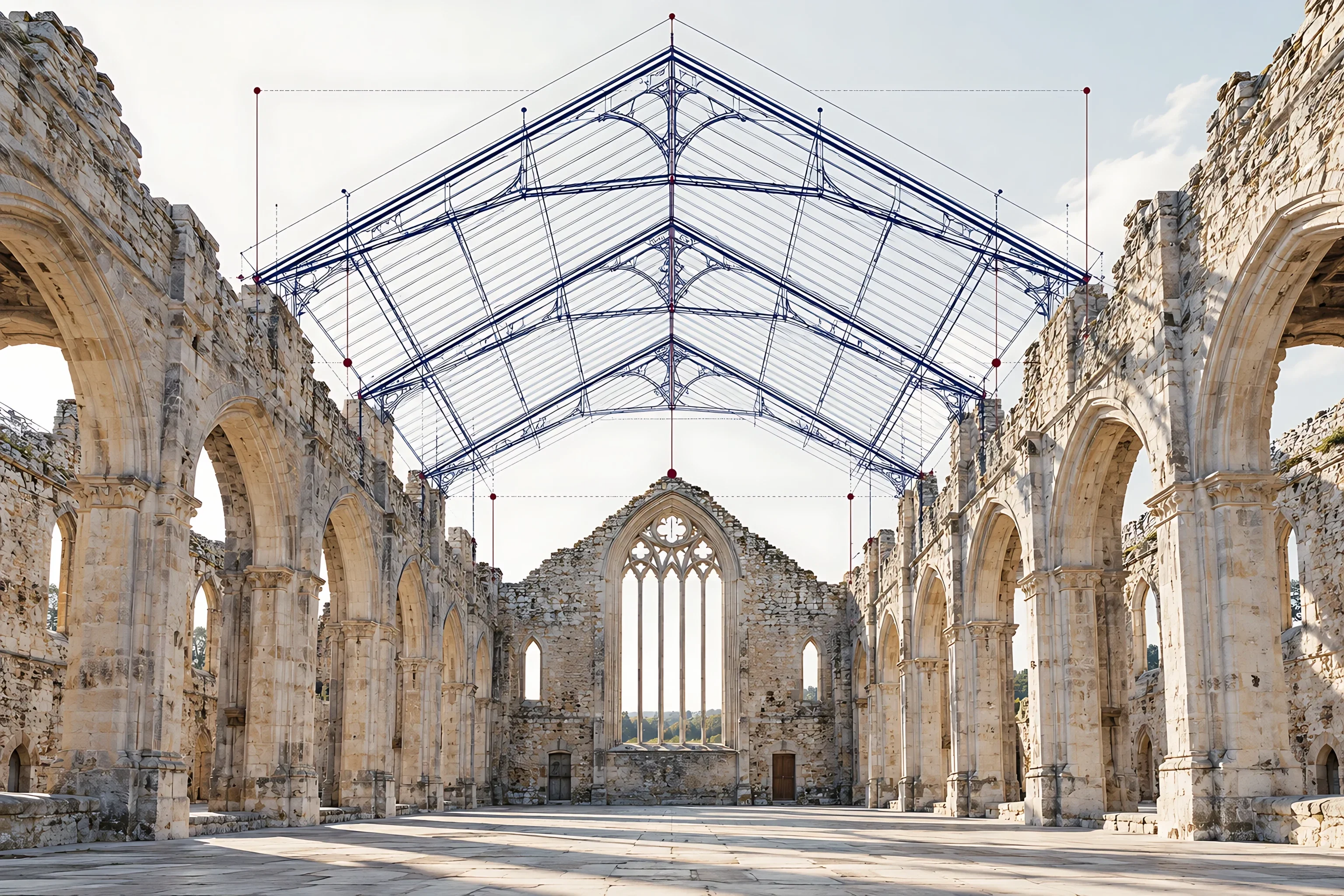 A ruined stone church with its missing roof redrawn in blueprint lines