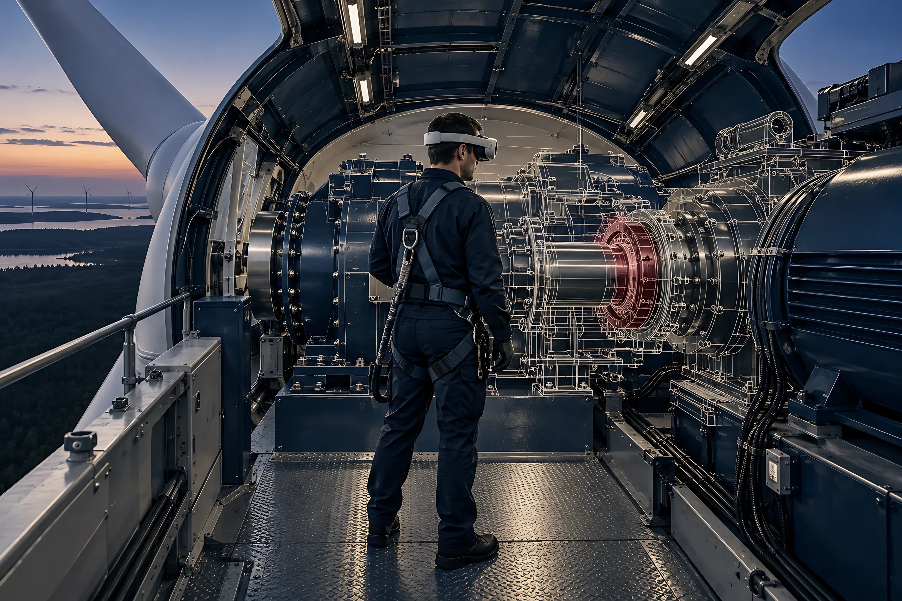 A technician in a VR headset and safety harness inspects a digital twin of a wind turbine gearbox, one part glowing maroon