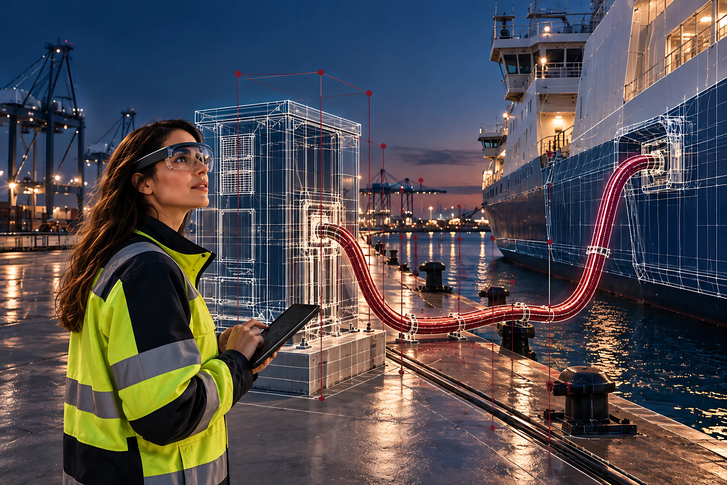 A port worker in a high visibility jacket and mixed reality glasses at dusk, with a digital twin of a shore power unit and its cable running to a moored ship