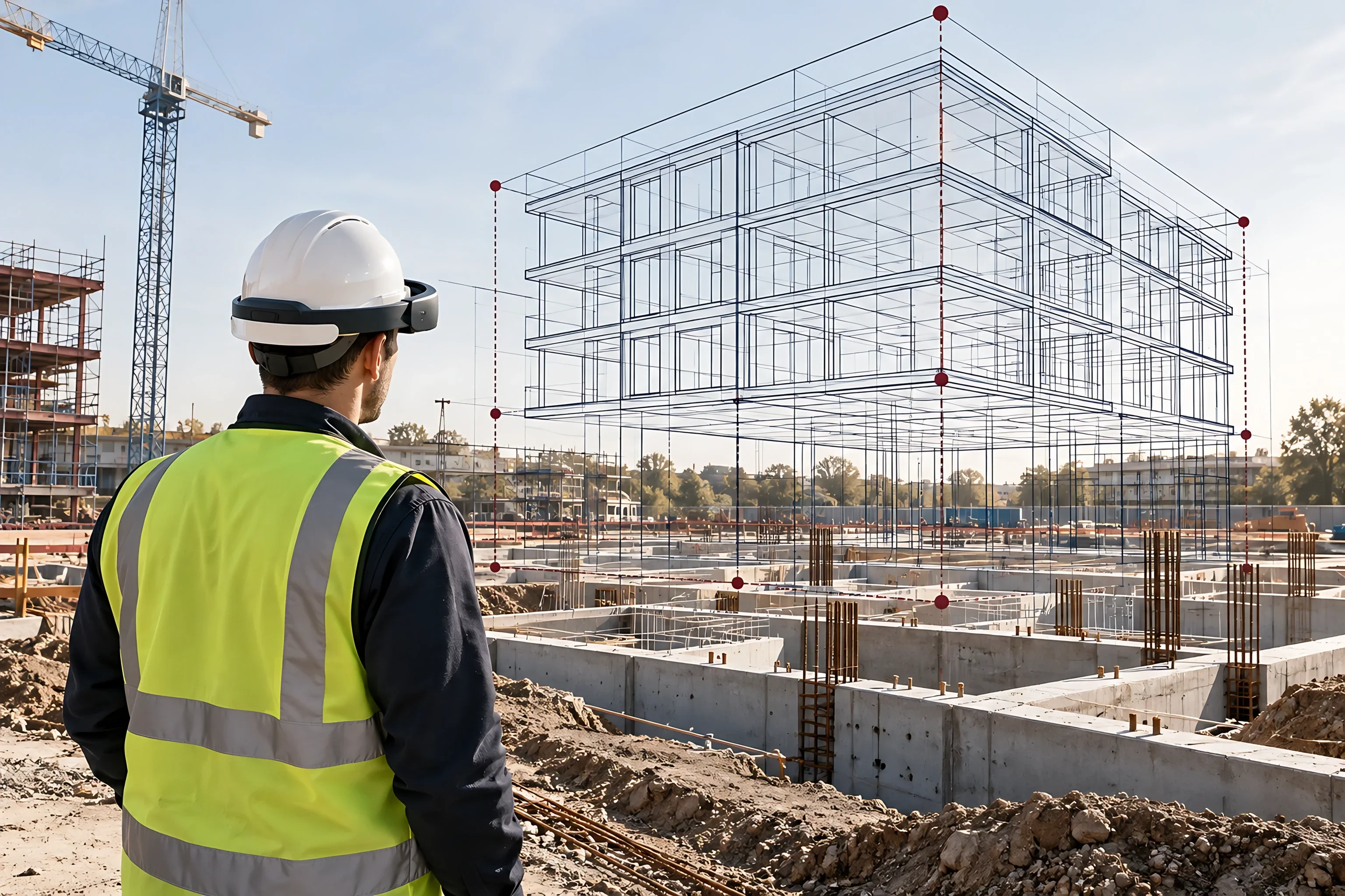A site manager in a hard hat and mixed reality visor looks at a wireframe building drawn above its concrete foundations