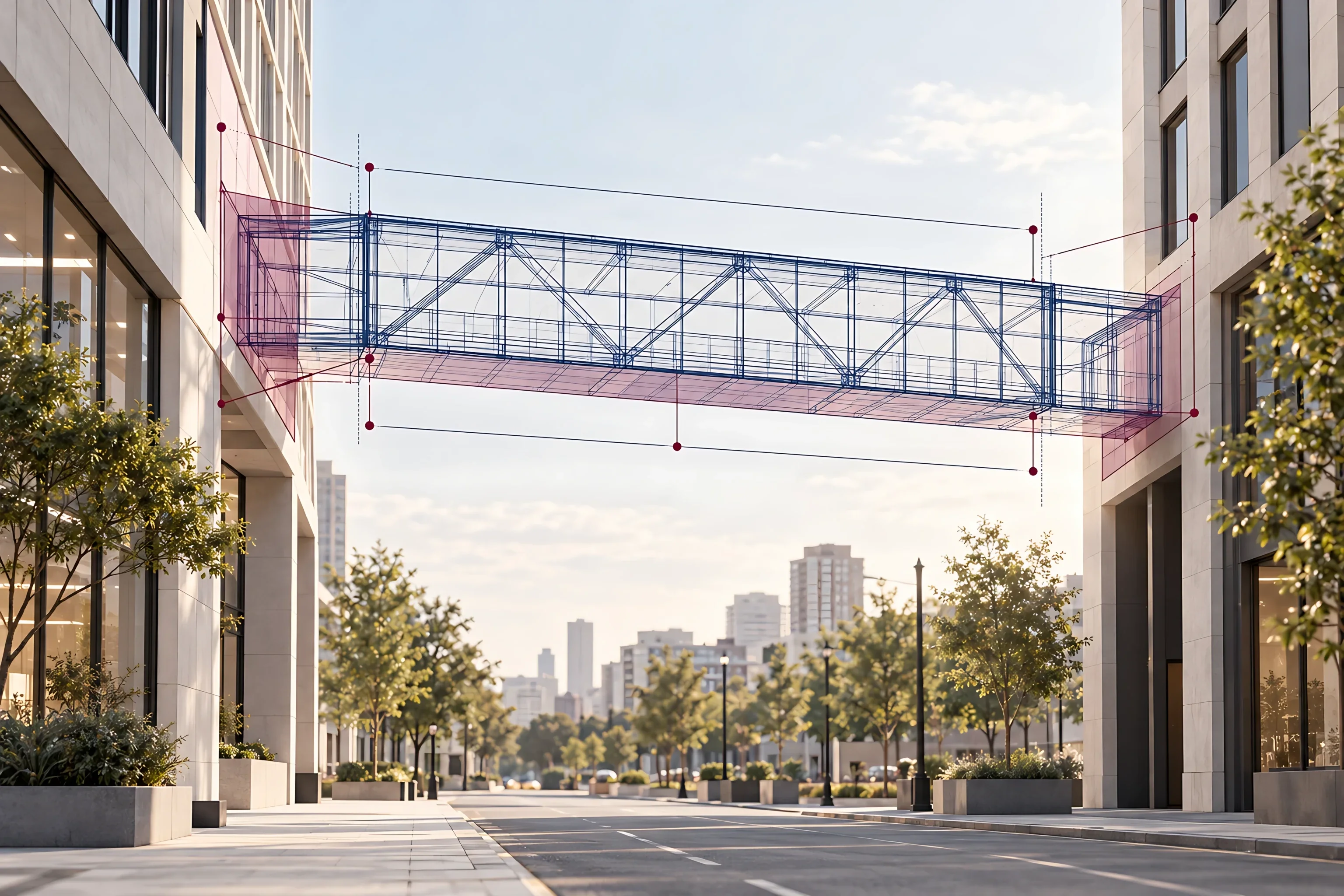 A proposed footbridge between two buildings drawn as a blueprint over a real street