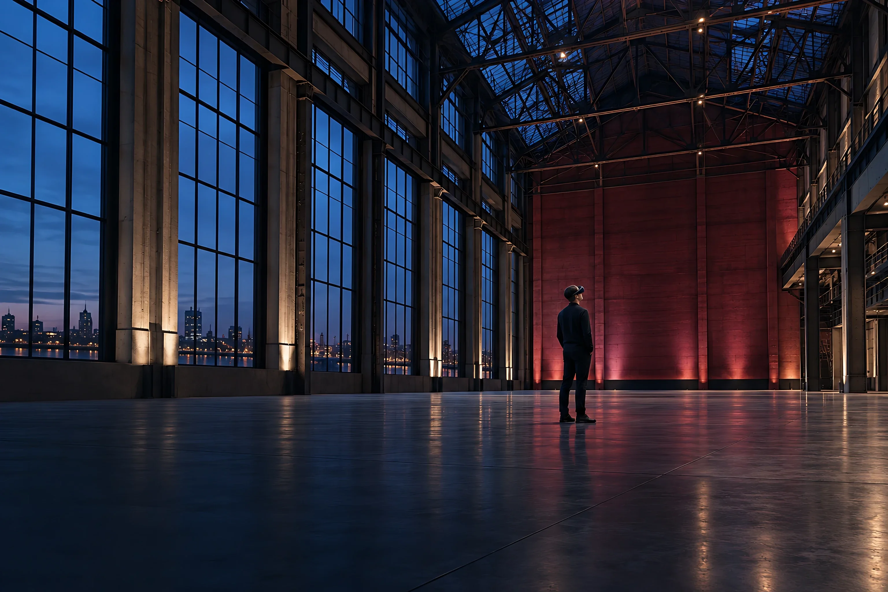A person in a mixed reality headset stands in a vast industrial hall with a maroon lit wall