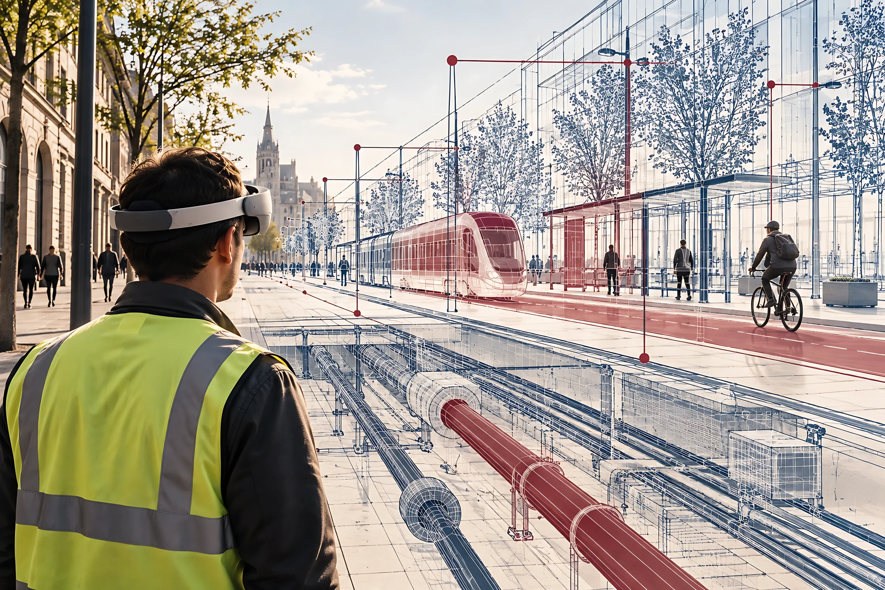 A street engineer in a mixed reality headset sees the pipes and cables under the pavement, a new tram stop and a cycle lane drawn in navy and maroon