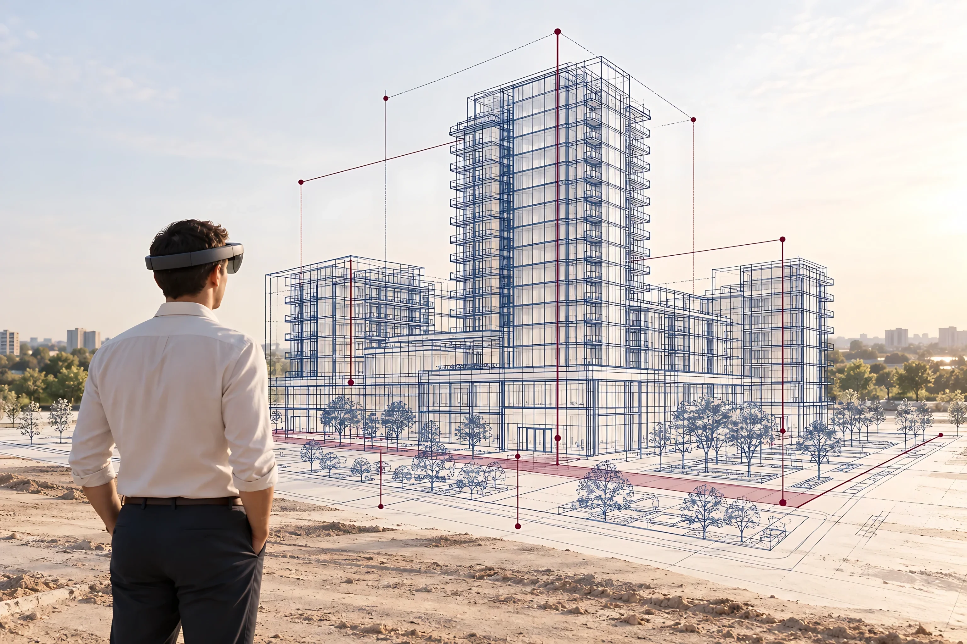 A man in a mixed reality headset looks at a blueprint of a new building drawn on an empty site