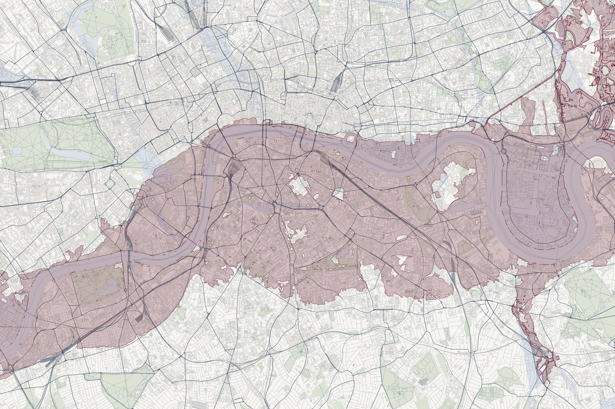 A map of the River Thames in London with the area at risk of flooding shaded in maroon
