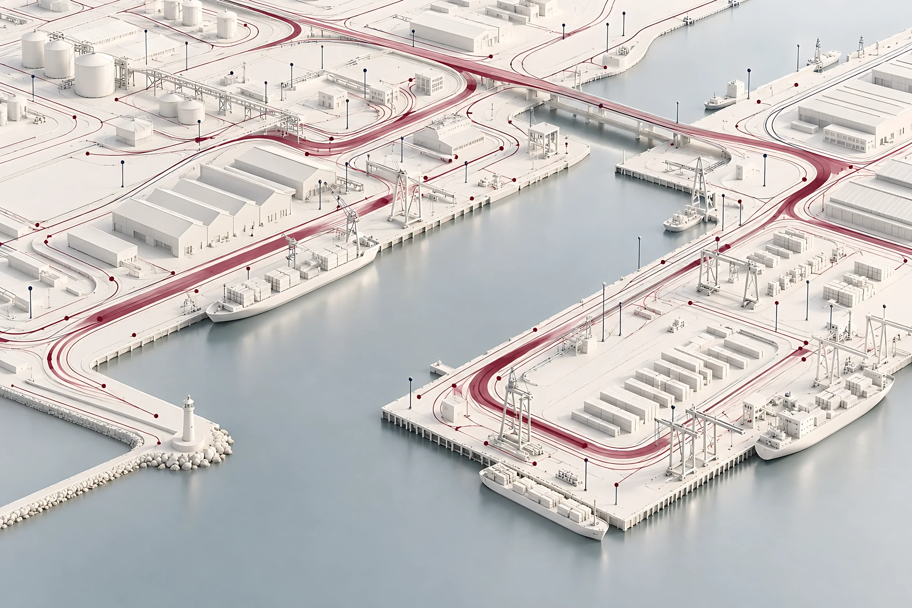 A white model of a port with maroon lines tracing vessel and truck routes