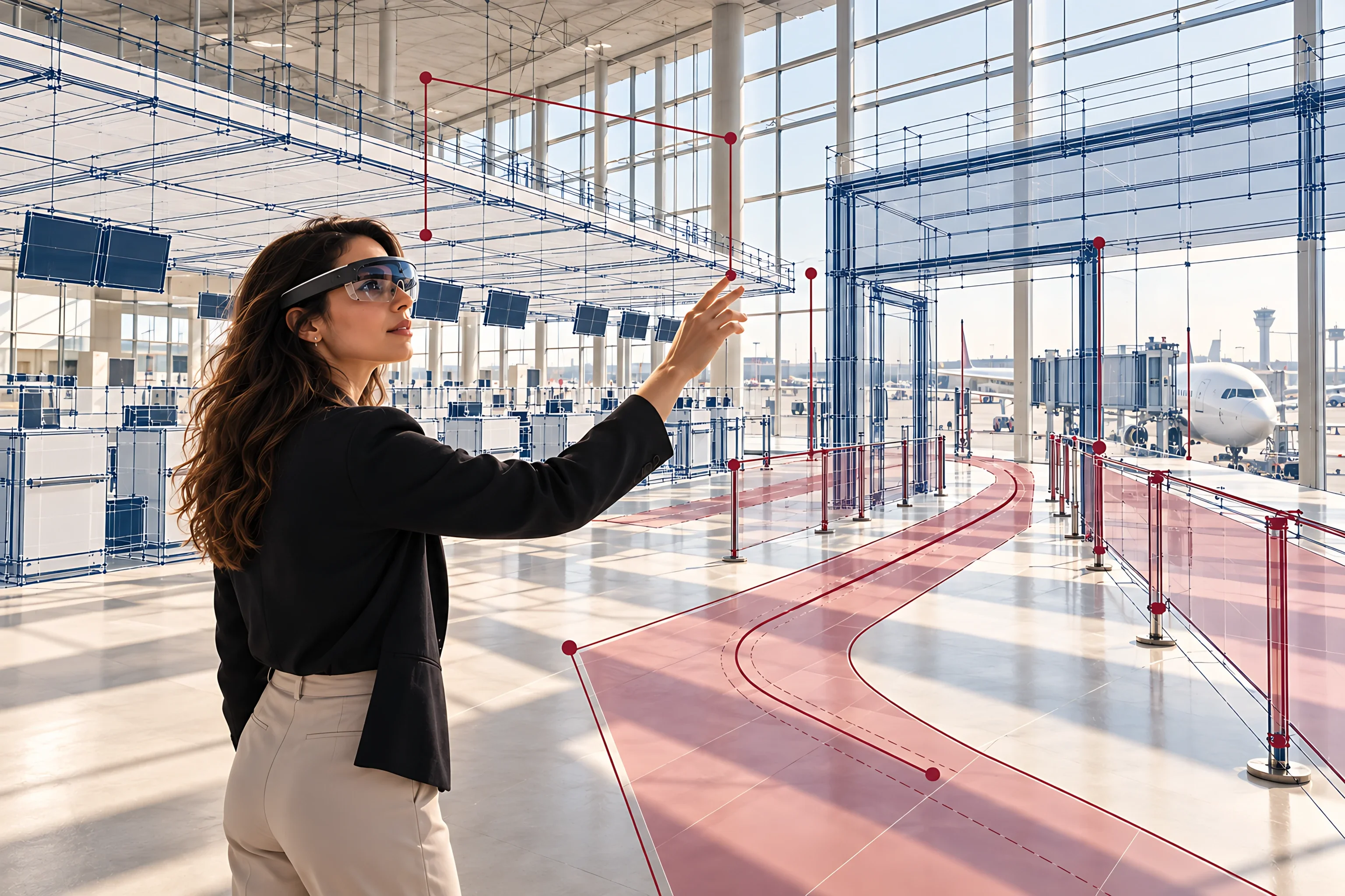 A woman in mixed reality glasses points across a terminal hall overlaid with a digital twin of check in desks and a maroon passenger route