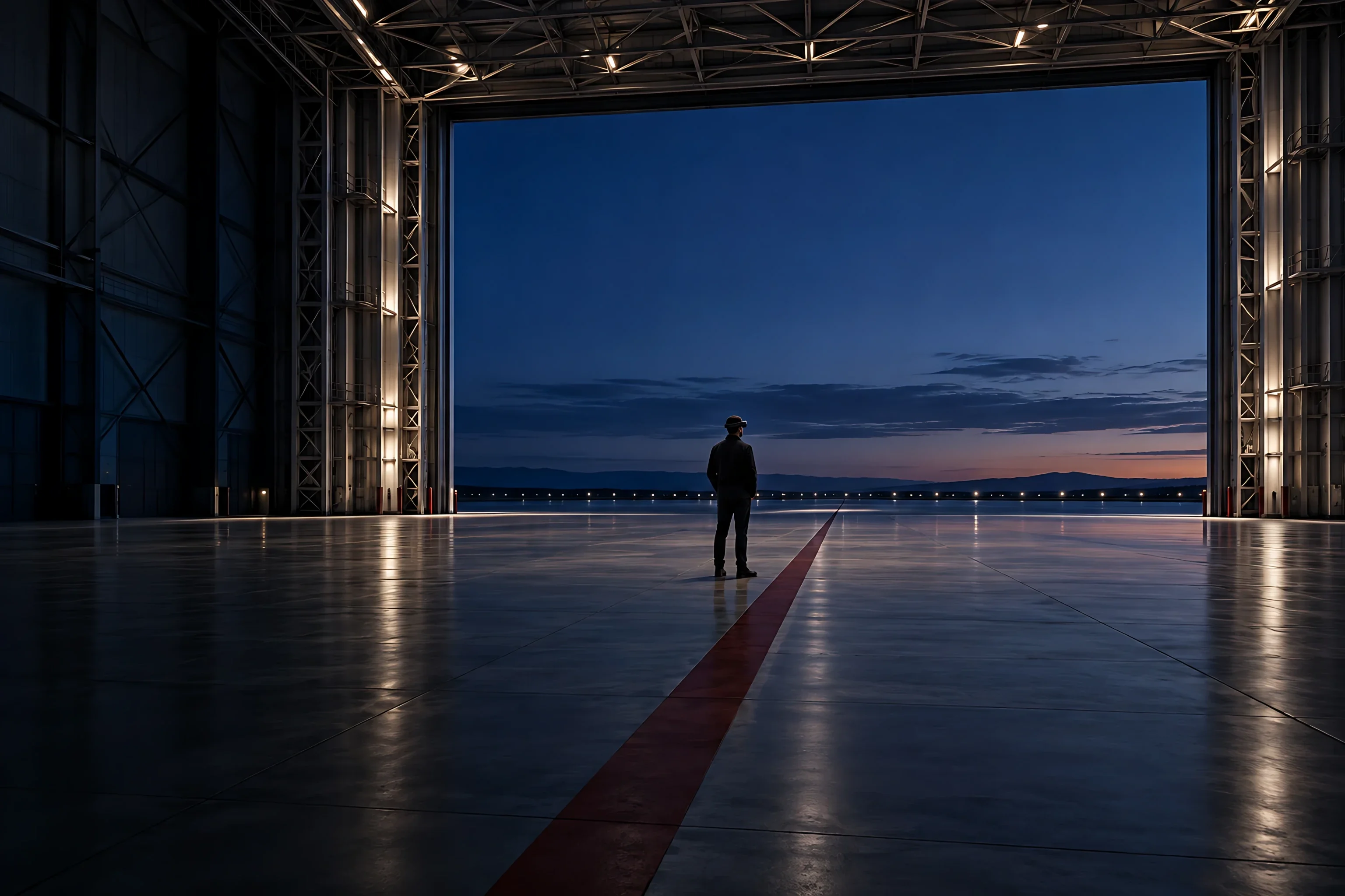 A person in a mixed reality headset stands in an open hangar at dusk with a maroon line leading out