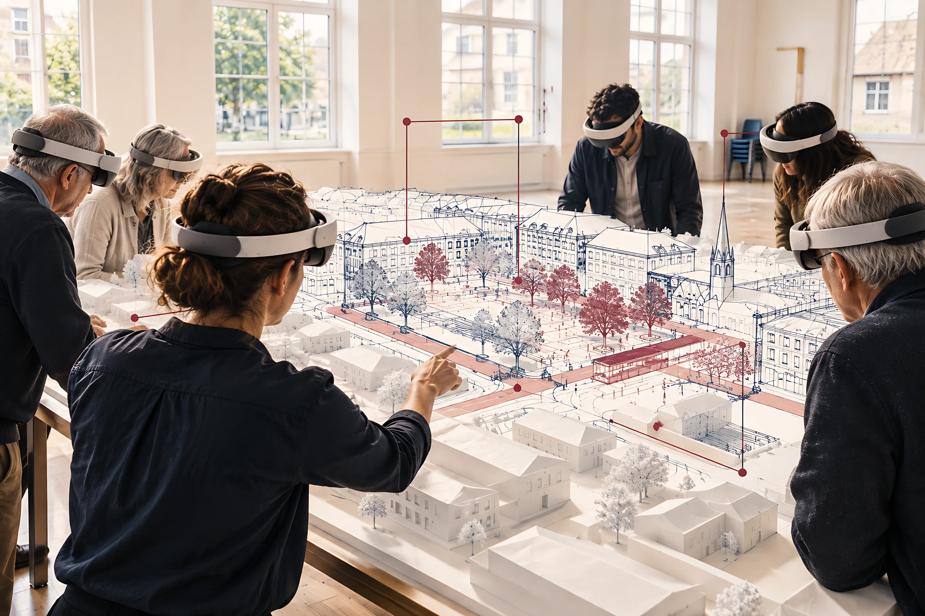 Neighbours and planners in mixed reality headsets gather around a white model of their town square while a woman points to a proposed new tree lined street