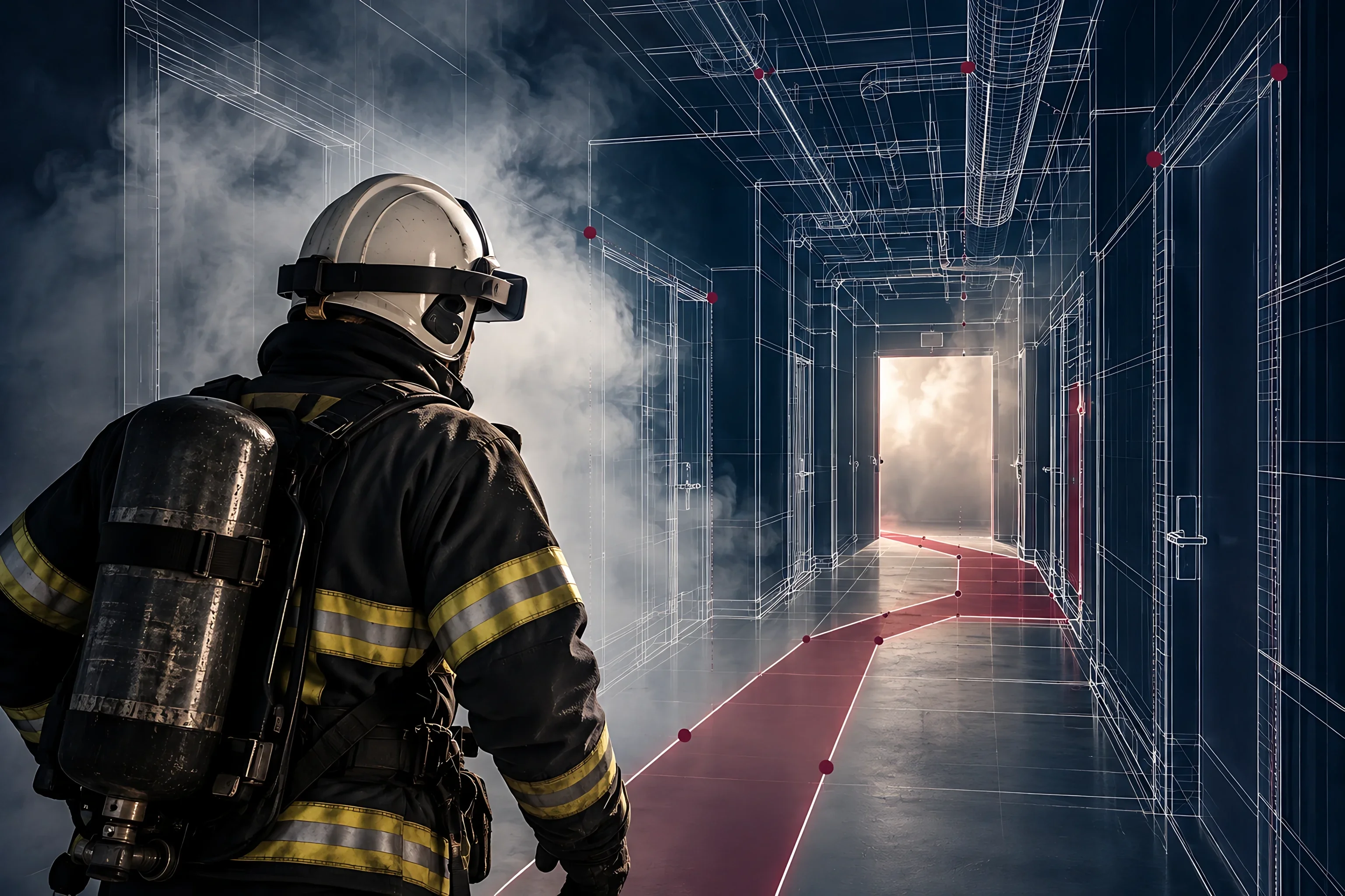 A firefighter in a mixed reality visor looks down a smoky corridor where a maroon evacuation route is drawn along the floor
