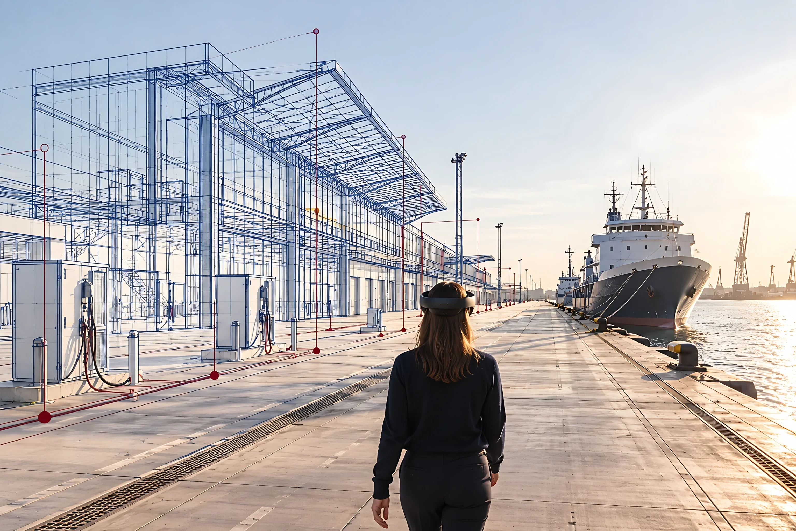 A woman in a mixed reality headset walks along a sunlit quay beside a planned terminal drawn in blueprint lines
