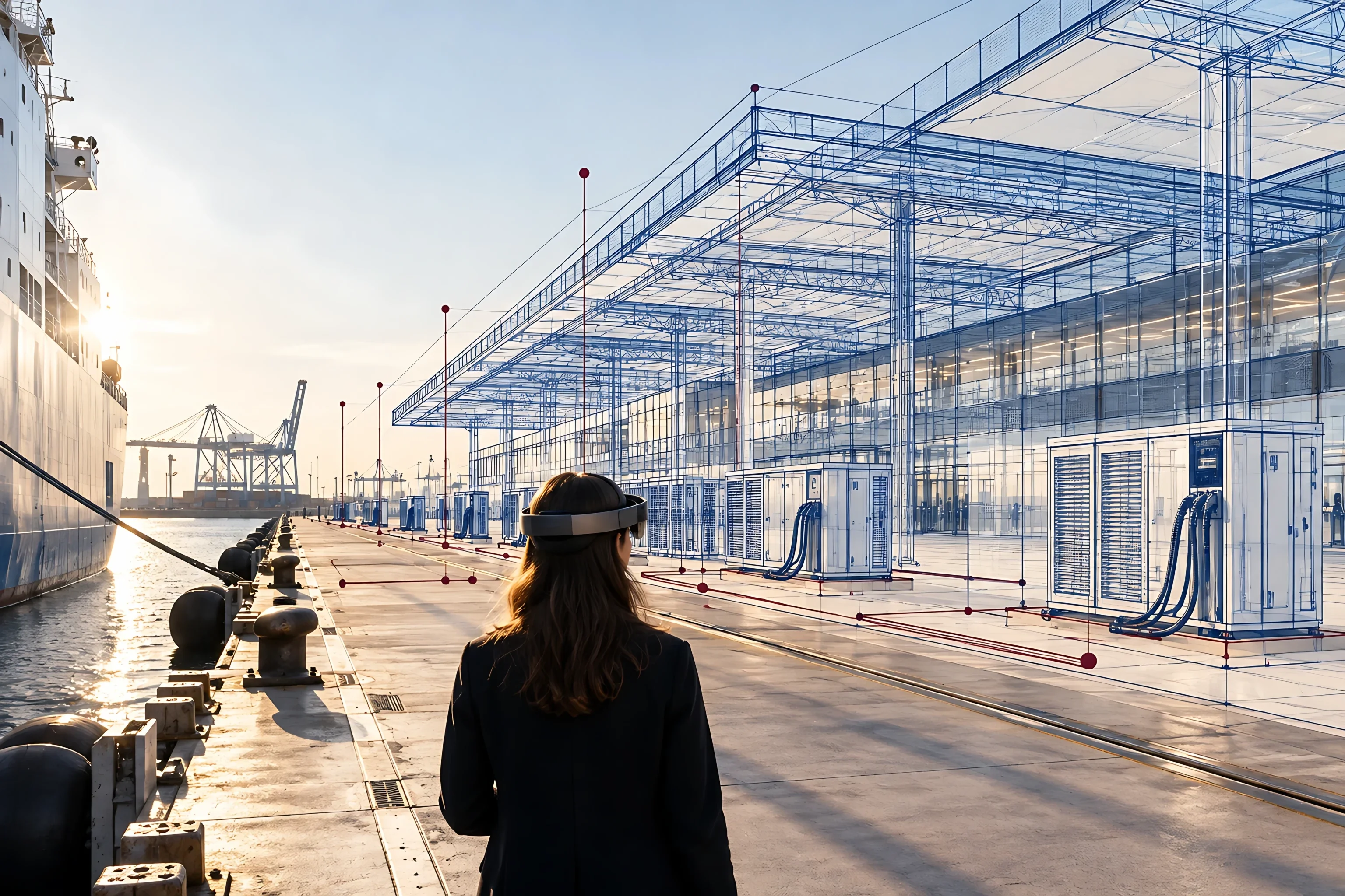 A woman in a mixed reality headset walks along a quay where a planned terminal and shore power units are drawn in blueprint lines