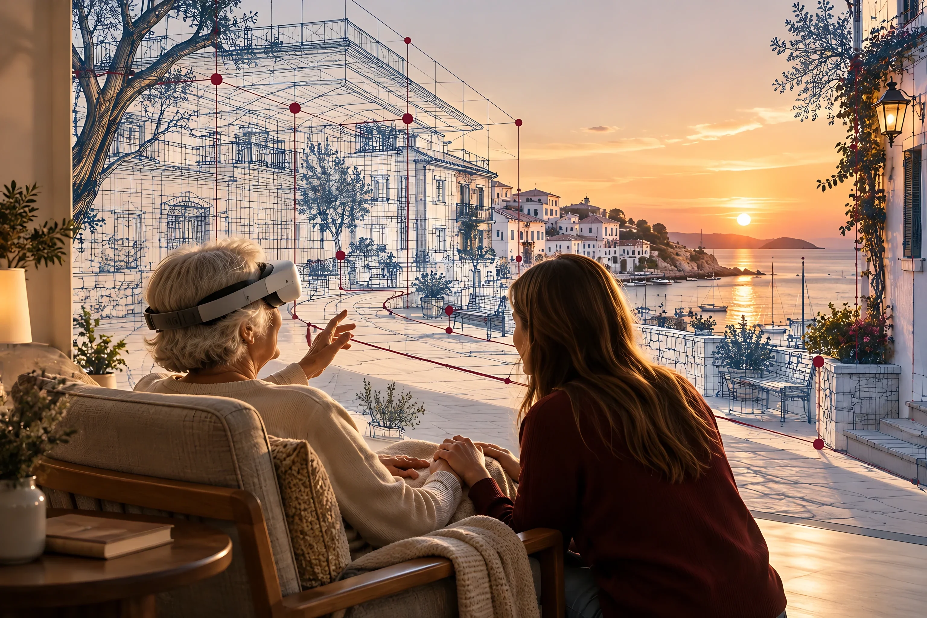 An older woman in a VR headset holds hands with a younger woman as a seaside village appears around them at sunset