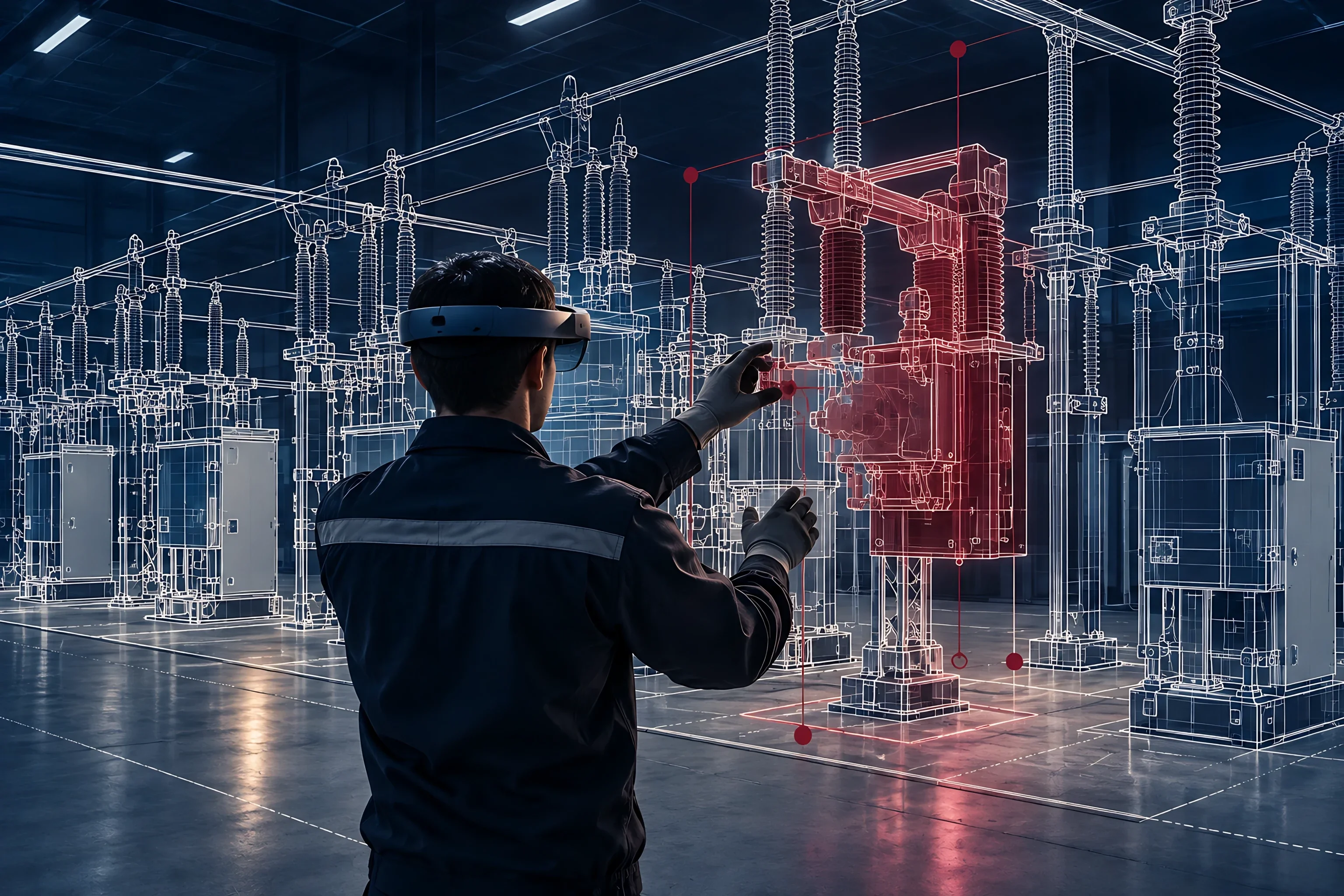 An engineer in a mixed reality headset reaches towards a highlighted unit in a full scale digital twin of a substation