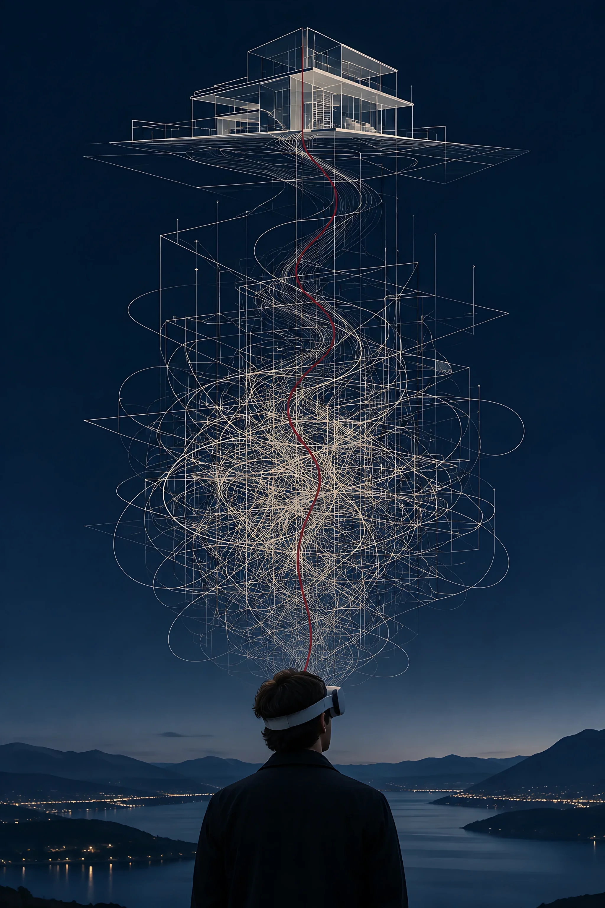 A person in a VR headset looks up as a tangle of lines above them resolves into one clear building