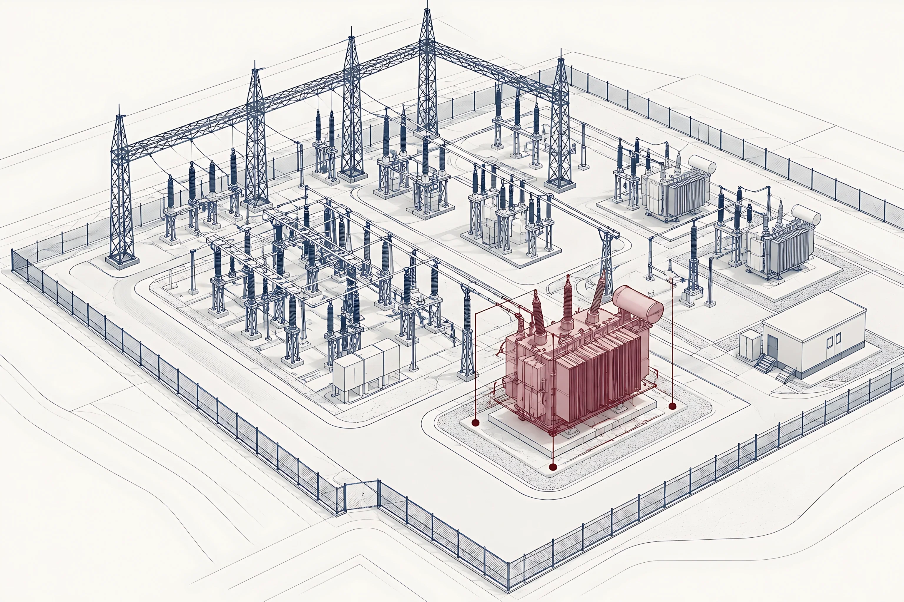 The same substation drawn as a digital twin with its main transformer highlighted in maroon