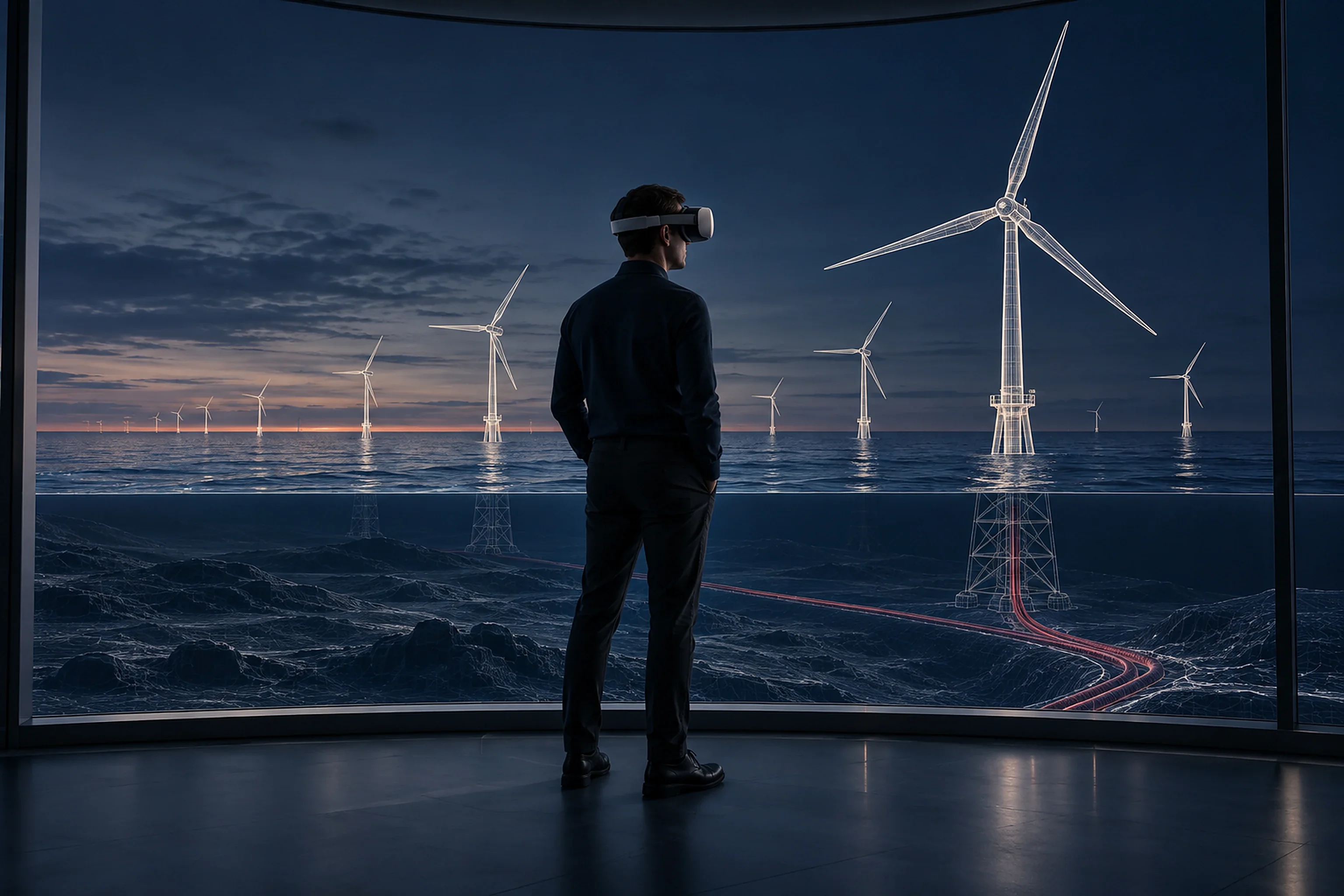 A person in a VR headset stands in a dark room looking at a digital twin of an offshore wind farm with its export cable glowing maroon under the sea