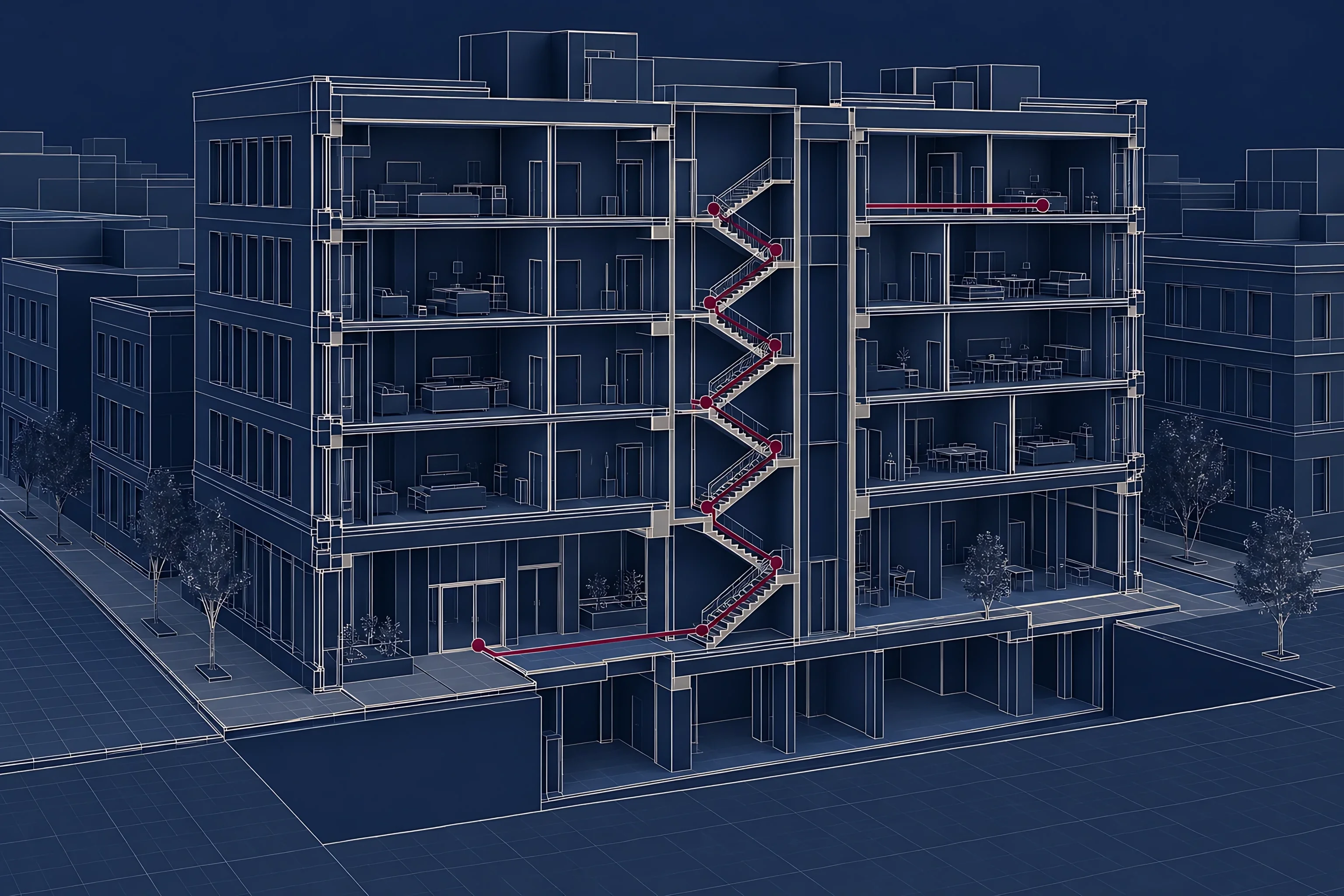 A digital twin of a mid rise building cut open to show every floor, with one route through it in maroon