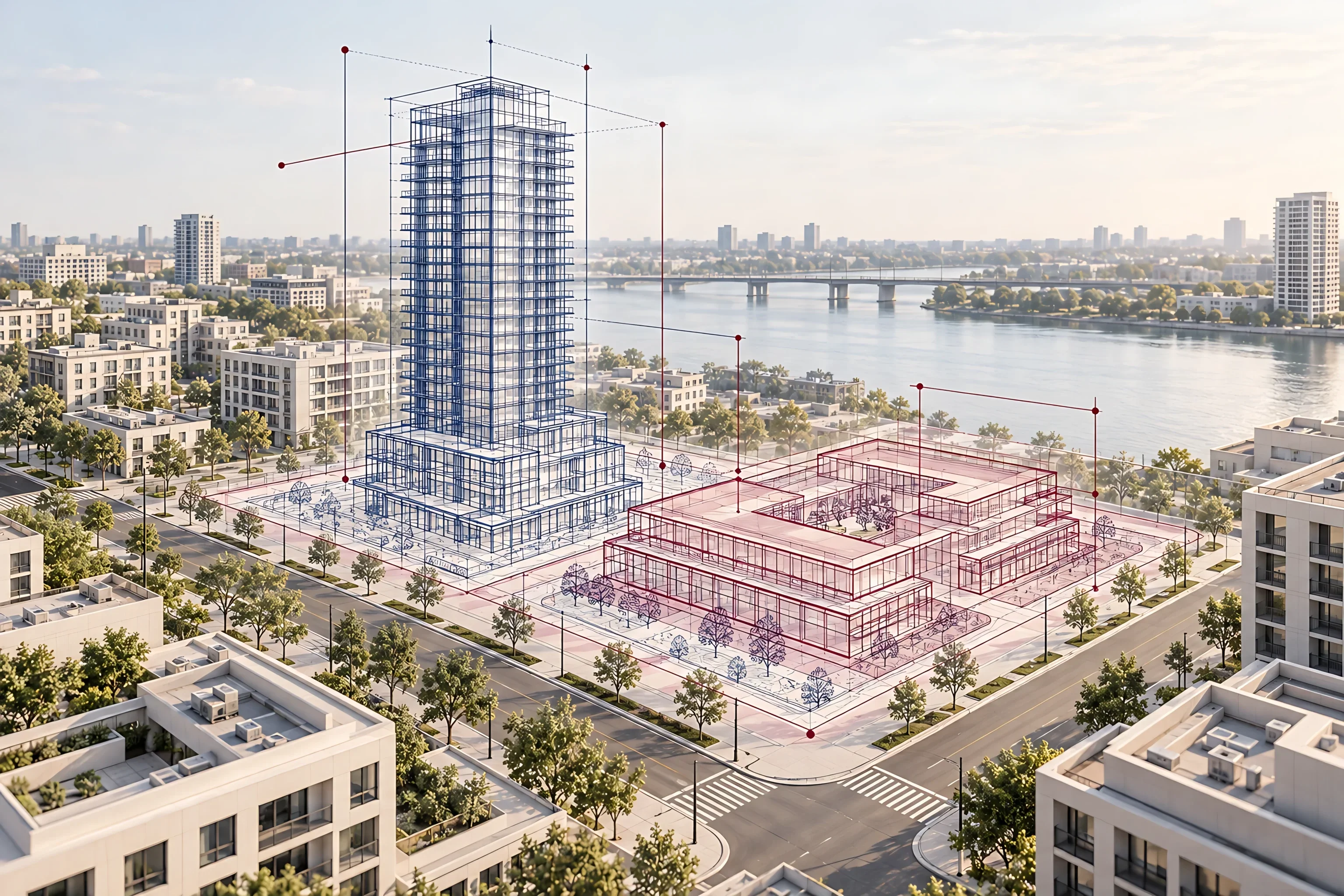 A city block by a river with two alternative building proposals drawn on it