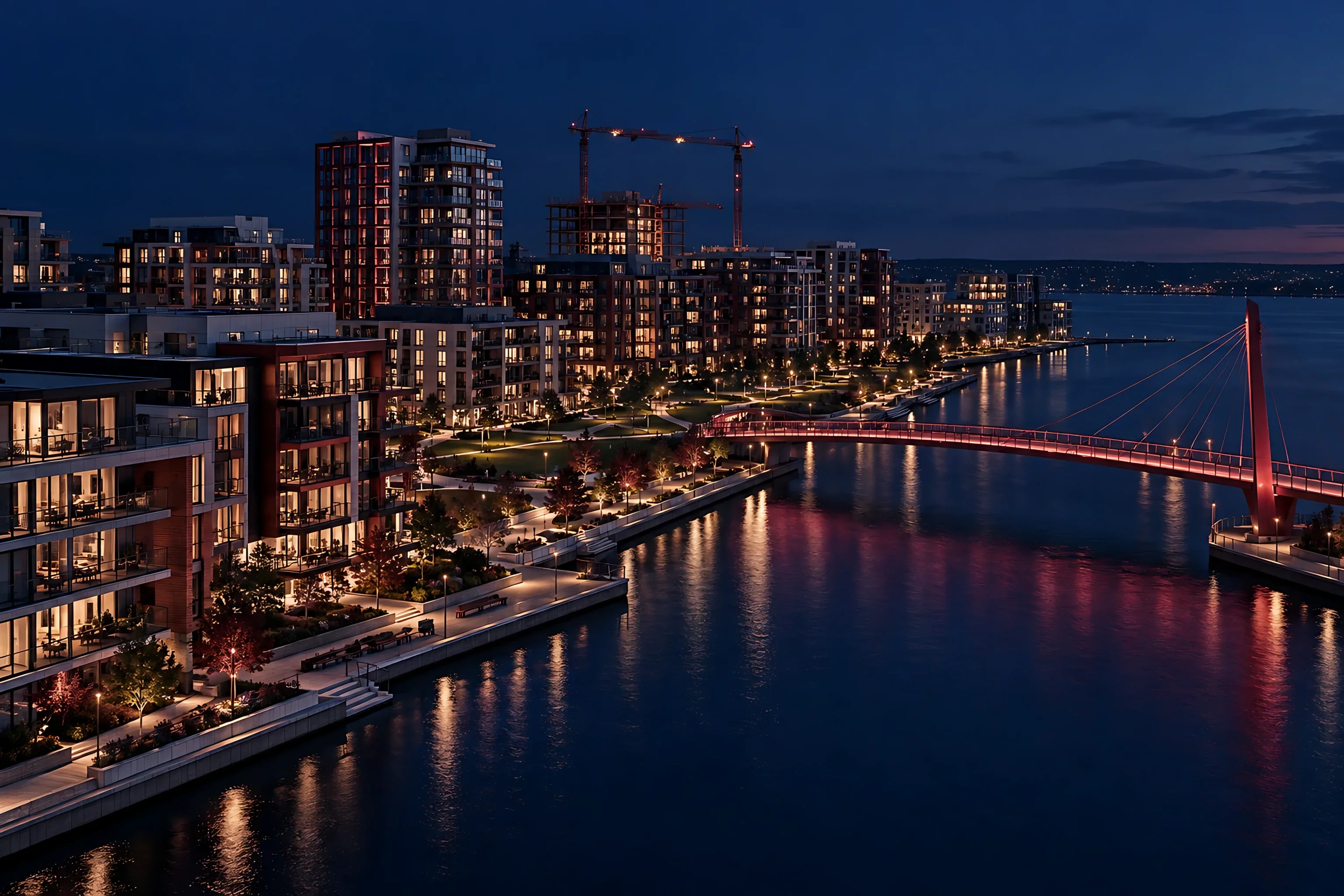 A waterfront district at blue hour with a maroon lit footbridge