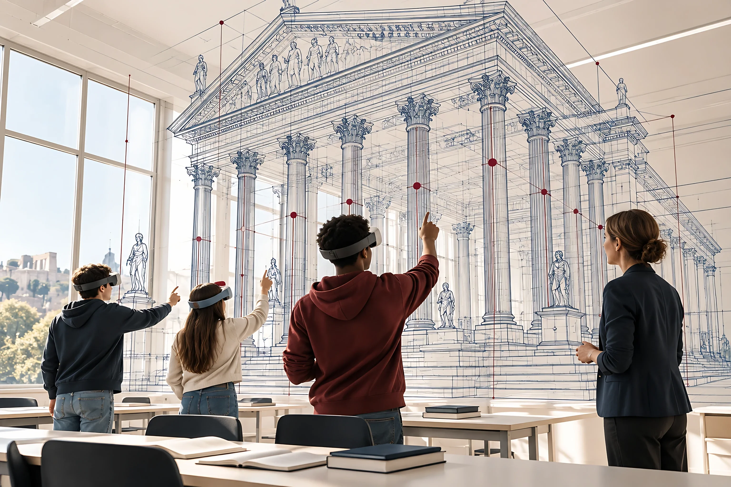 Students in VR headsets point at a life size classical temple drawn in navy lines inside their classroom while their teacher watches