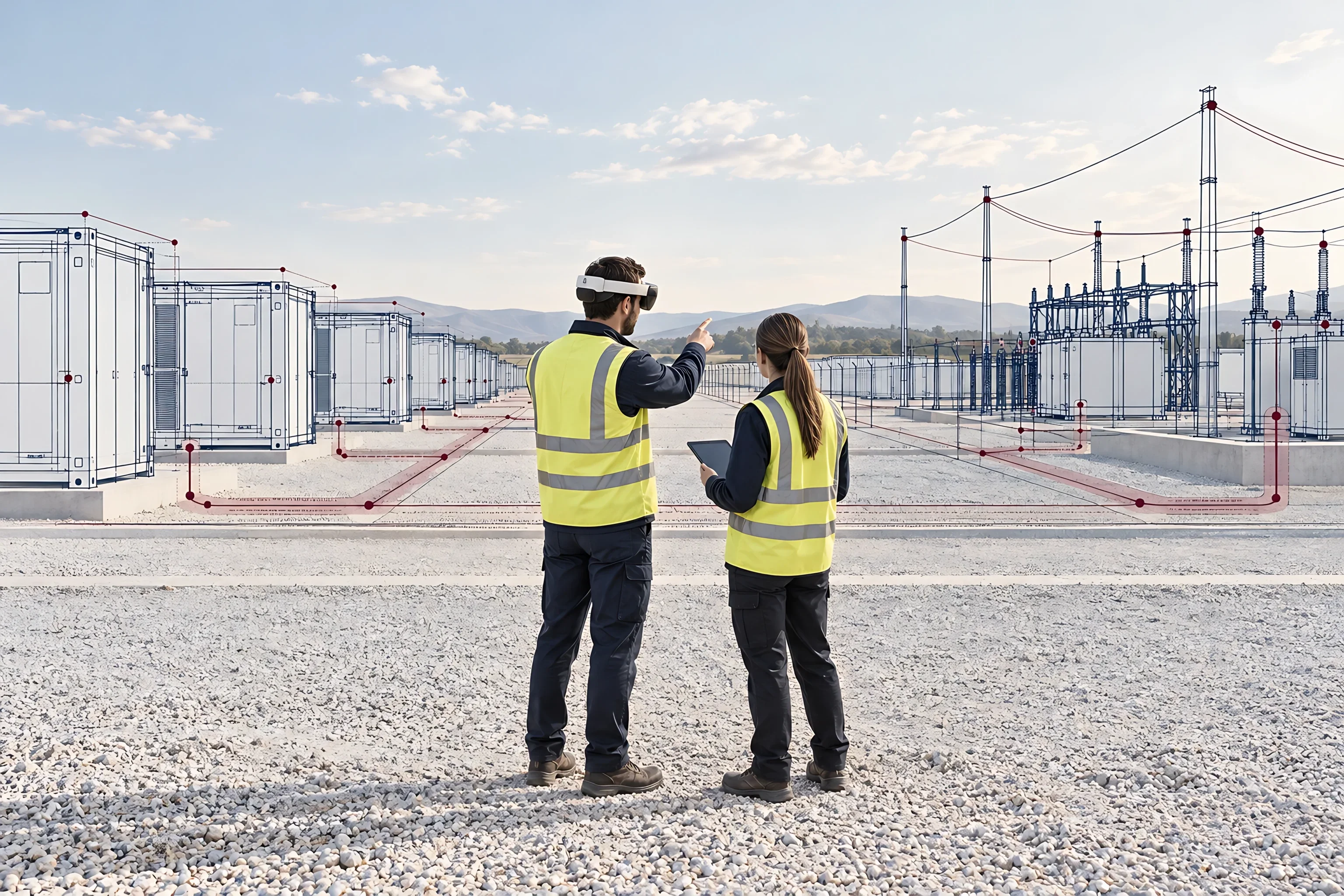 Two engineers in hi vis, one in a mixed reality headset, review a full size wireframe of battery storage containers and a substation on an empty plot