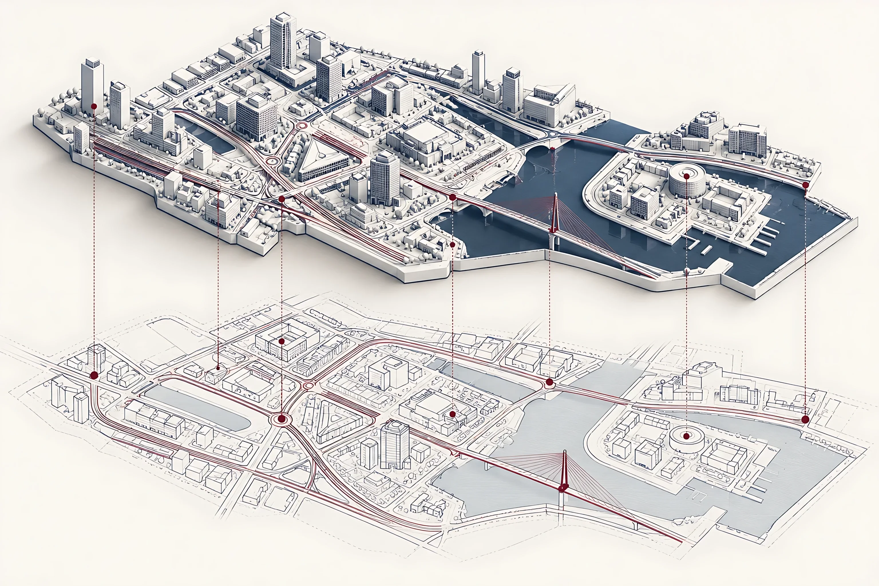 A white city model lifted above its map layers, linked by maroon lines