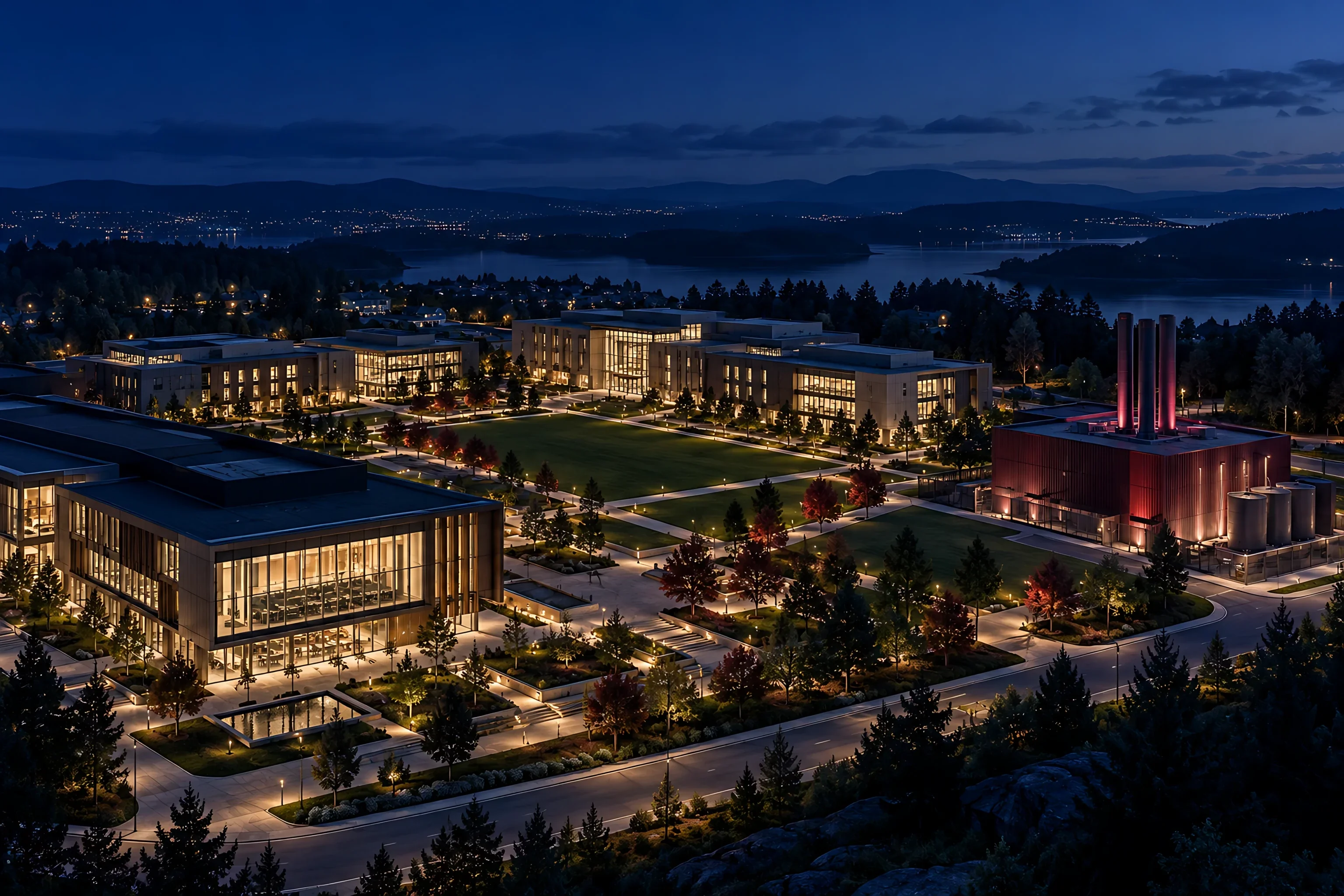 A modern campus at blue hour with its energy centre lit in maroon