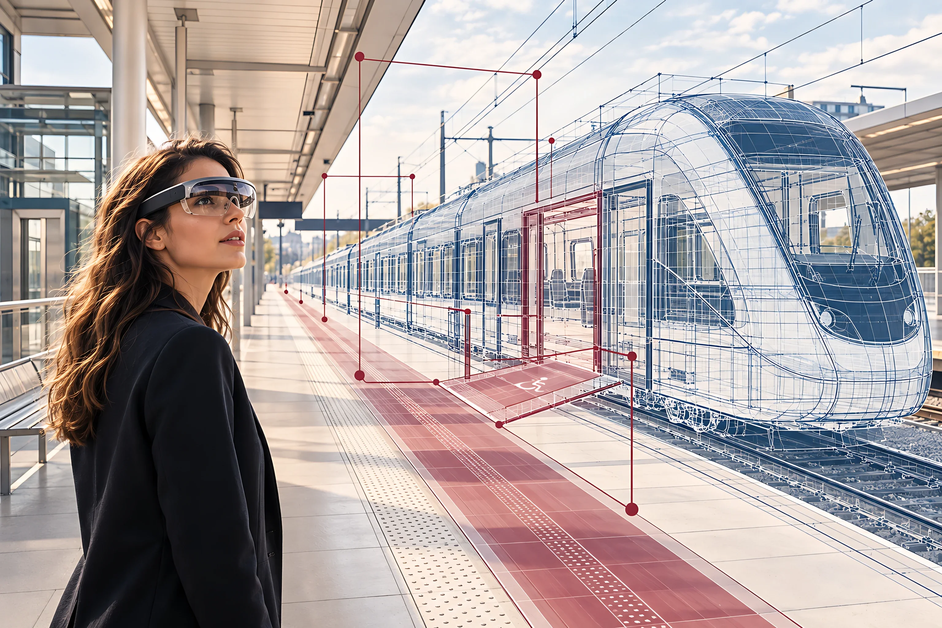 A woman in mixed reality glasses on a station platform, with a digital twin of a train and a step free boarding area overlaid in navy and maroon