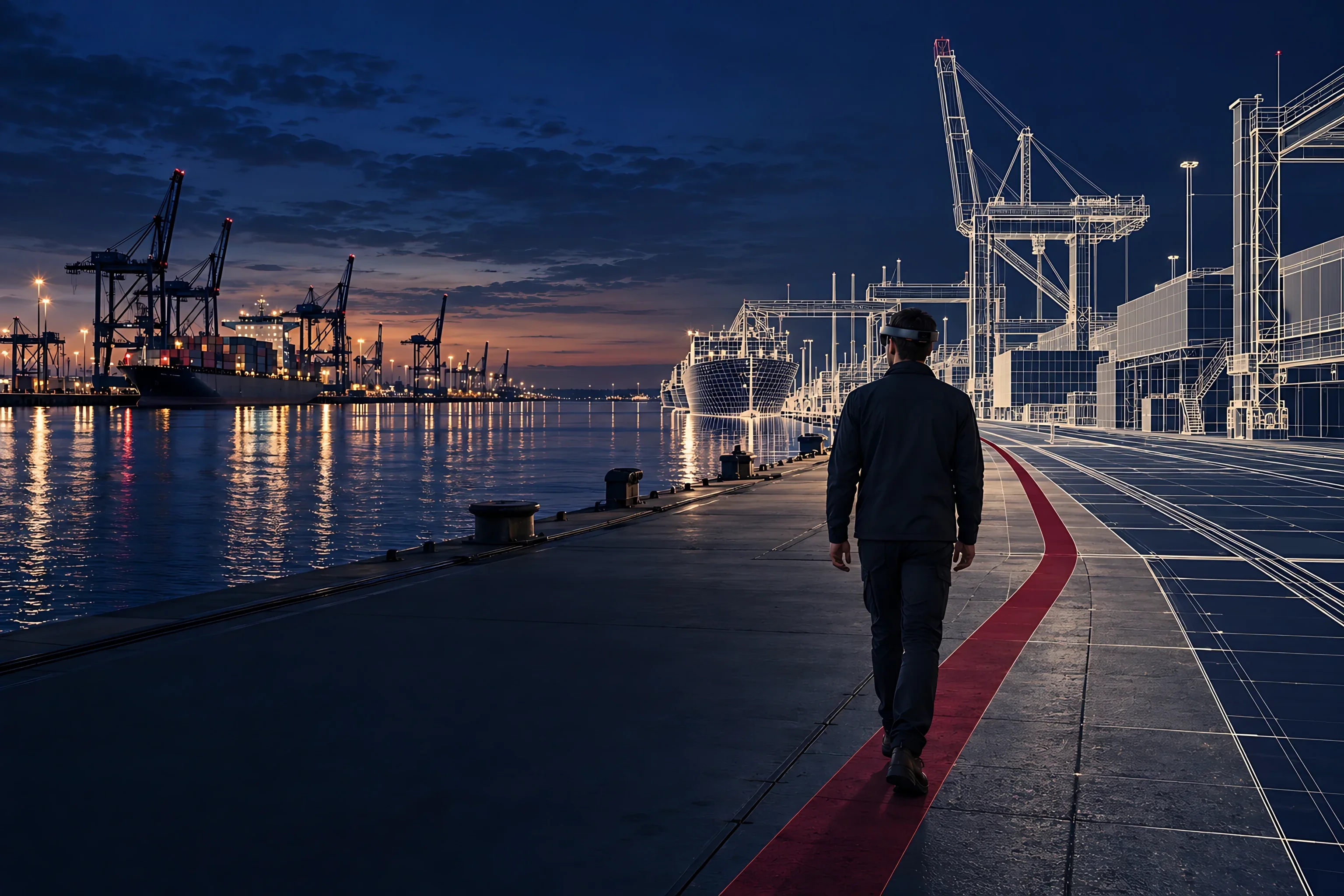 A person wearing a mixed reality headset walks along a harbour at dusk as the quay ahead turns into a digital twin
