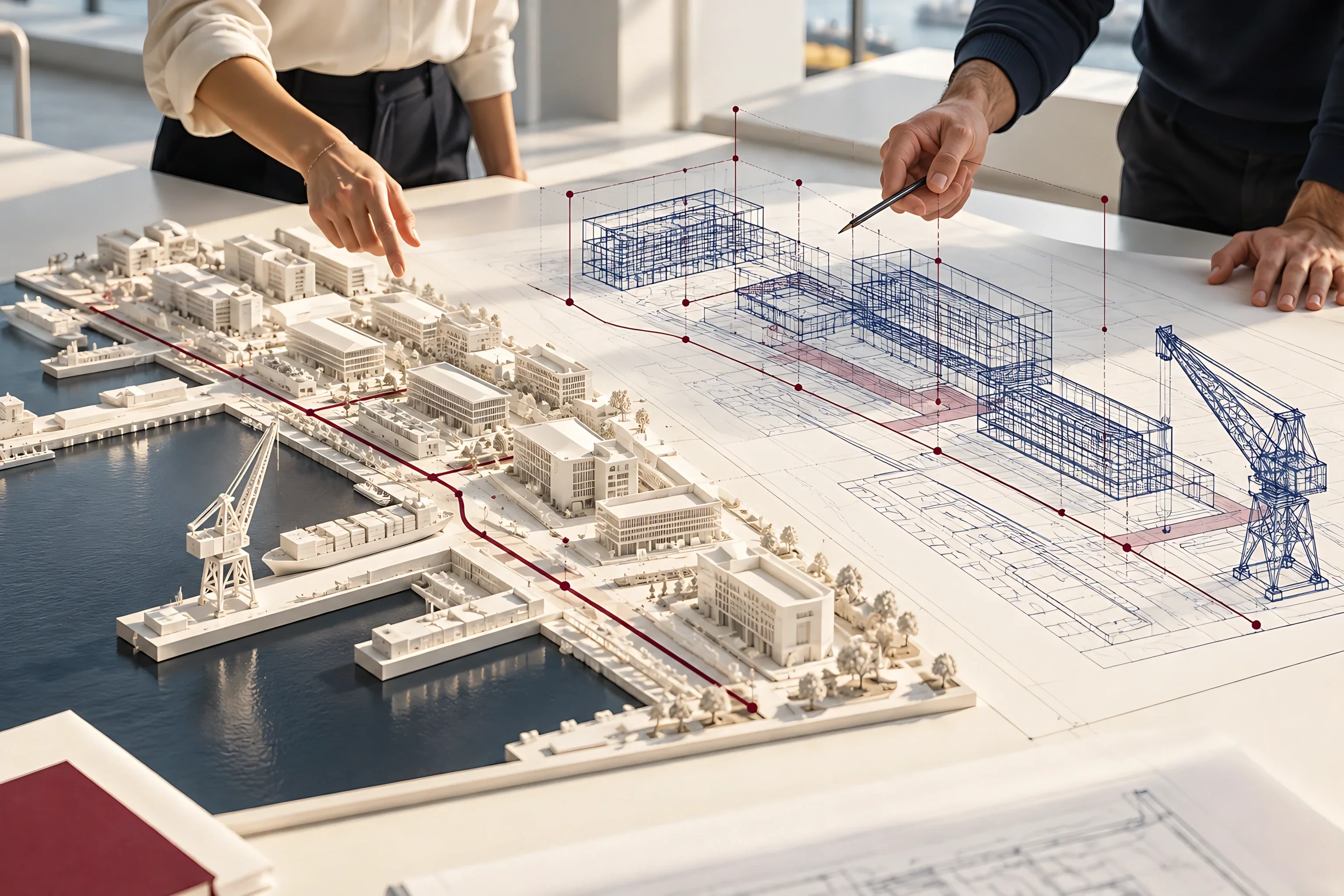 Two people pointing at a white model of a waterfront and the blueprint of new buildings beside it