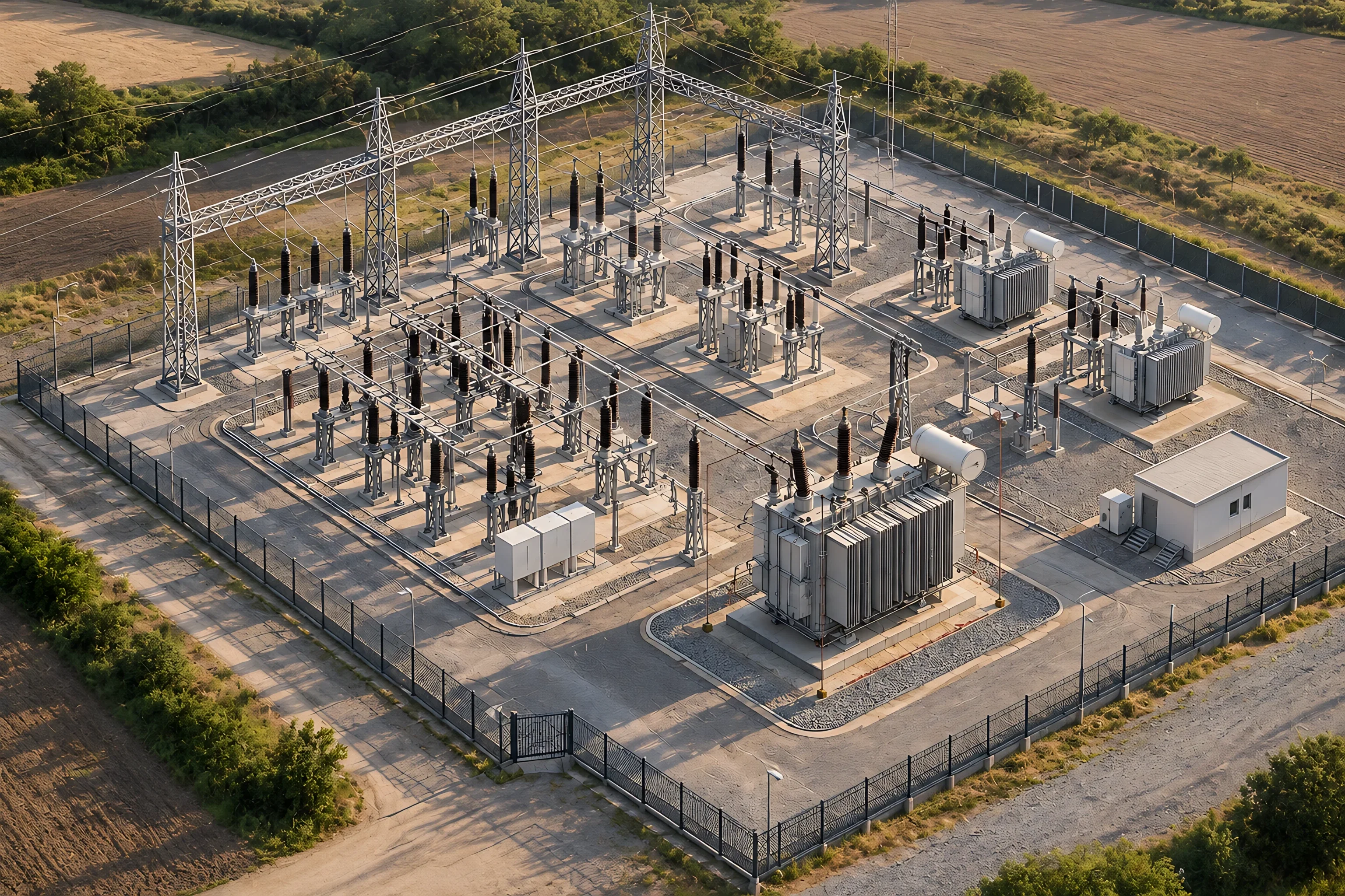 An electricity substation in the countryside seen from above