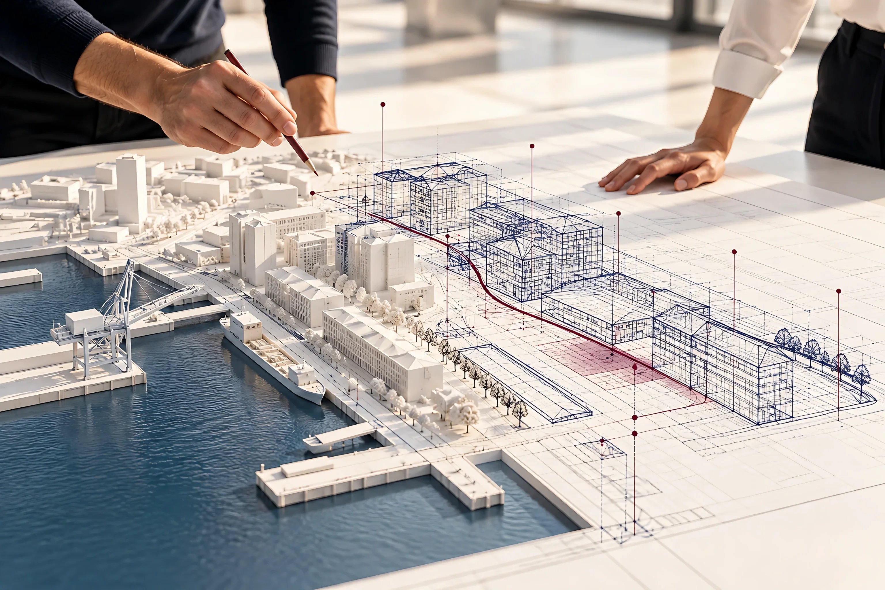 Two people working over a white model of a waterfront and a drawing of new buildings