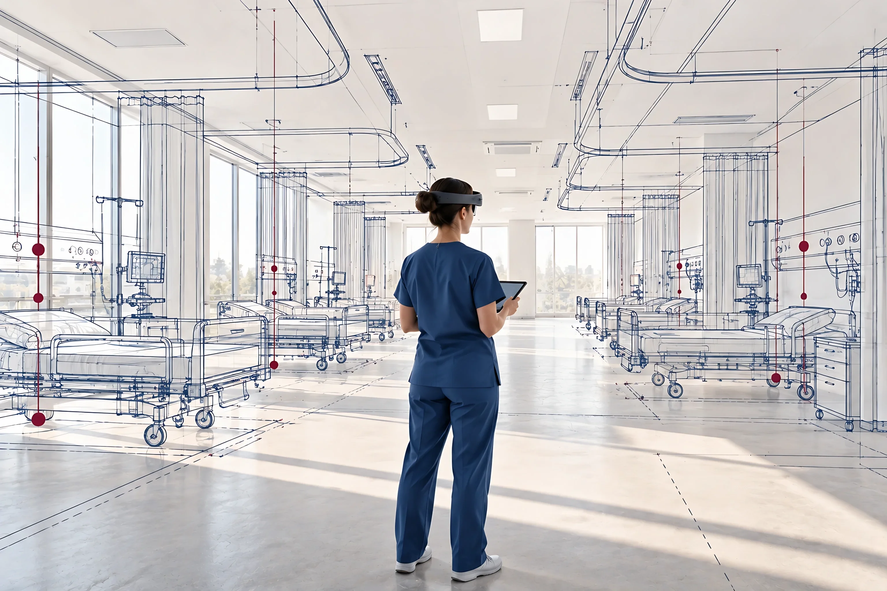 A nurse in a mixed reality headset stands in an empty hospital ward while beds and equipment are drawn around her in navy lines