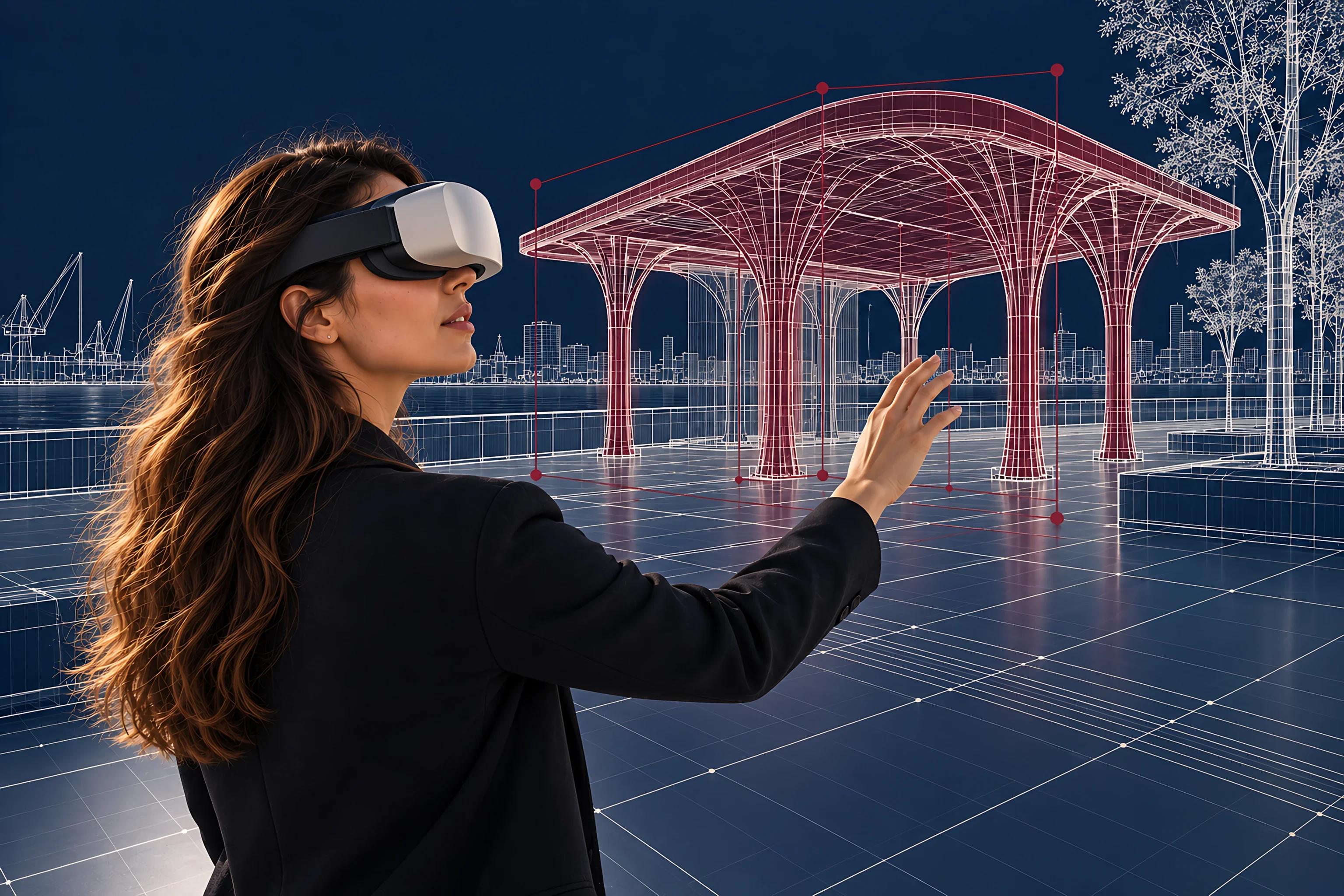 A woman in a virtual reality headset reaches towards a maroon pavilion in a fully digital model of the waterfront